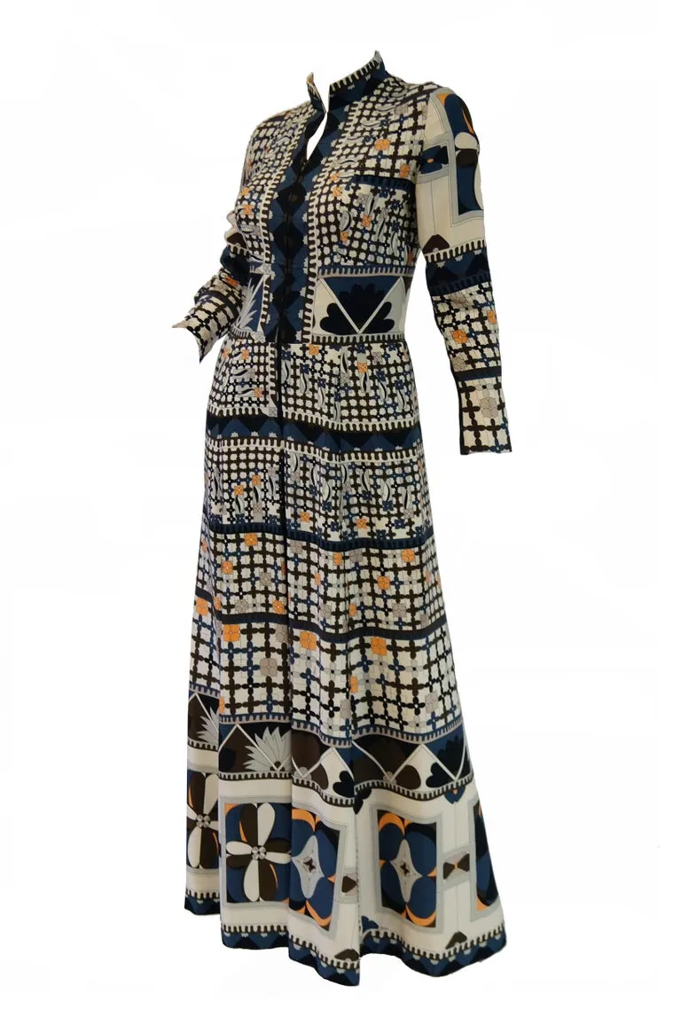 1970's Averardo Bessi Neutral Colored Silk Graphic Maxi Dress