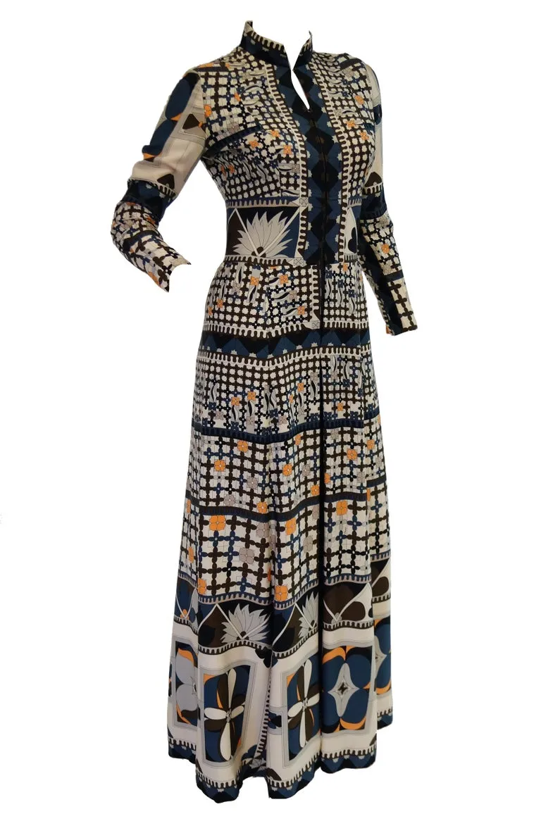1970's Averardo Bessi Neutral Colored Silk Graphic Maxi Dress
