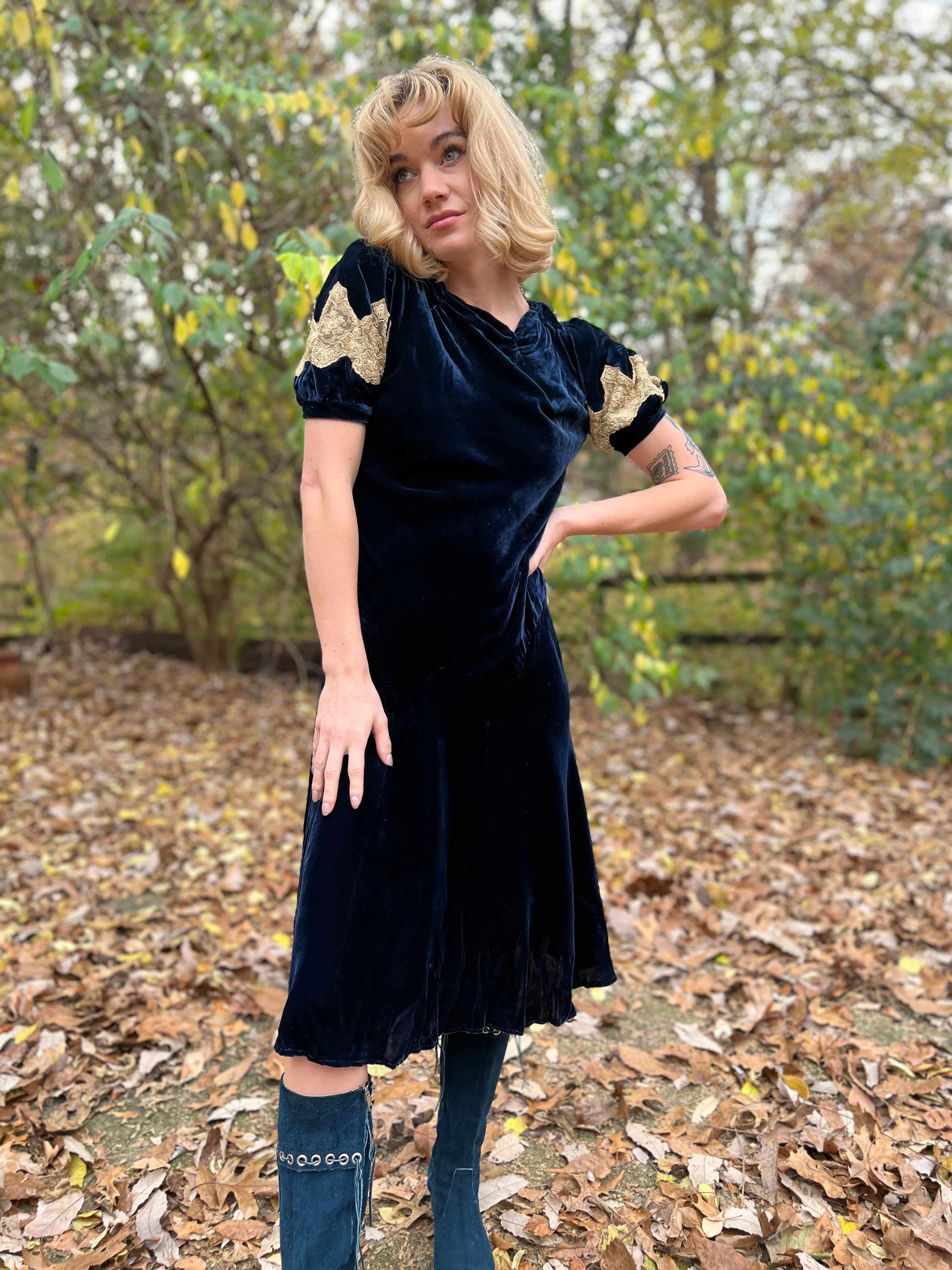 30s Blue Silk Velvet Bias Cut Vintage Dress with Lace