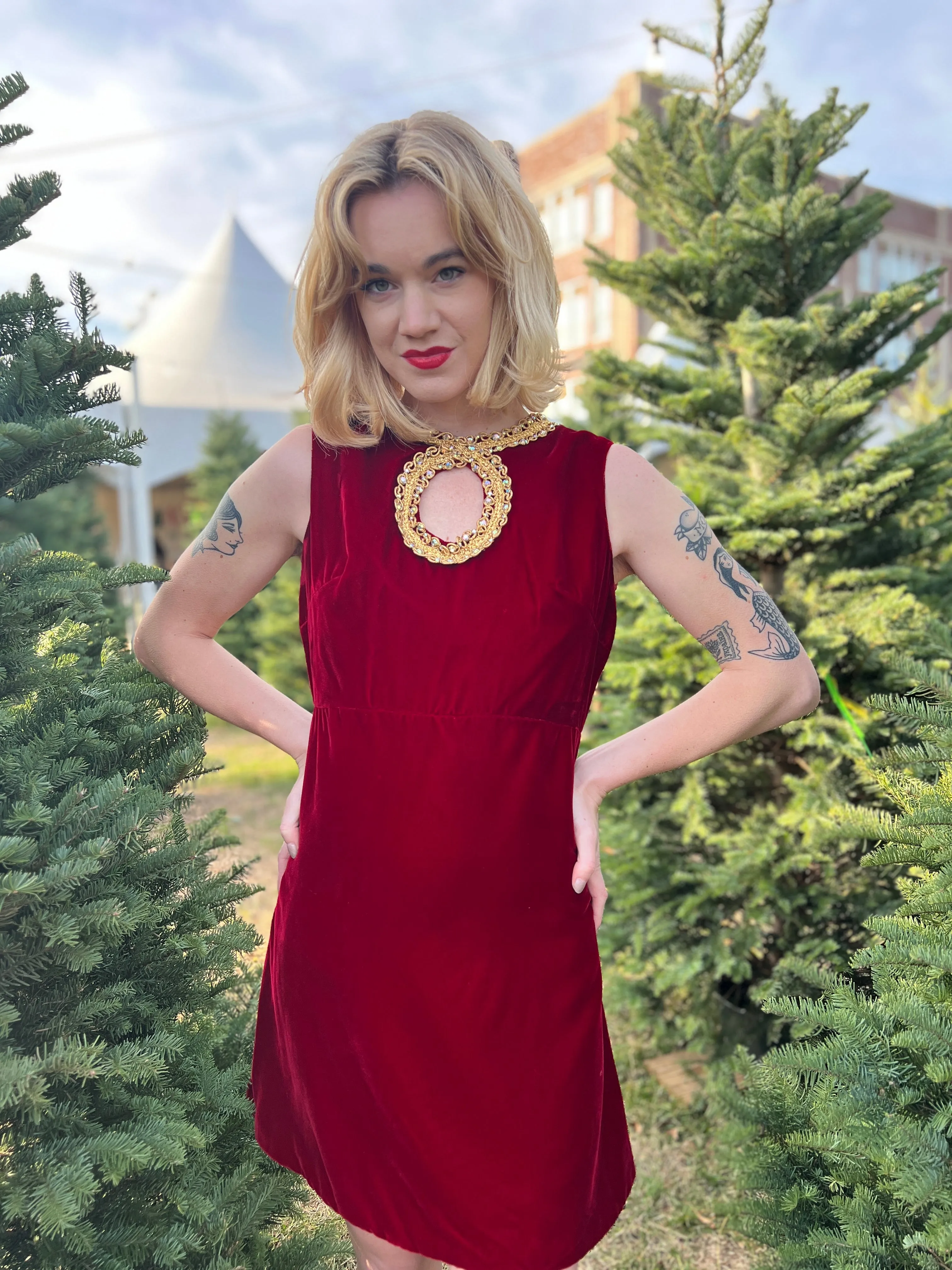 60s Vintage Red Velvet Mini Cocktail Dress