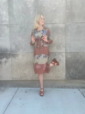 70s Brown Tan Rayon Floral Dress, Tout de Suite