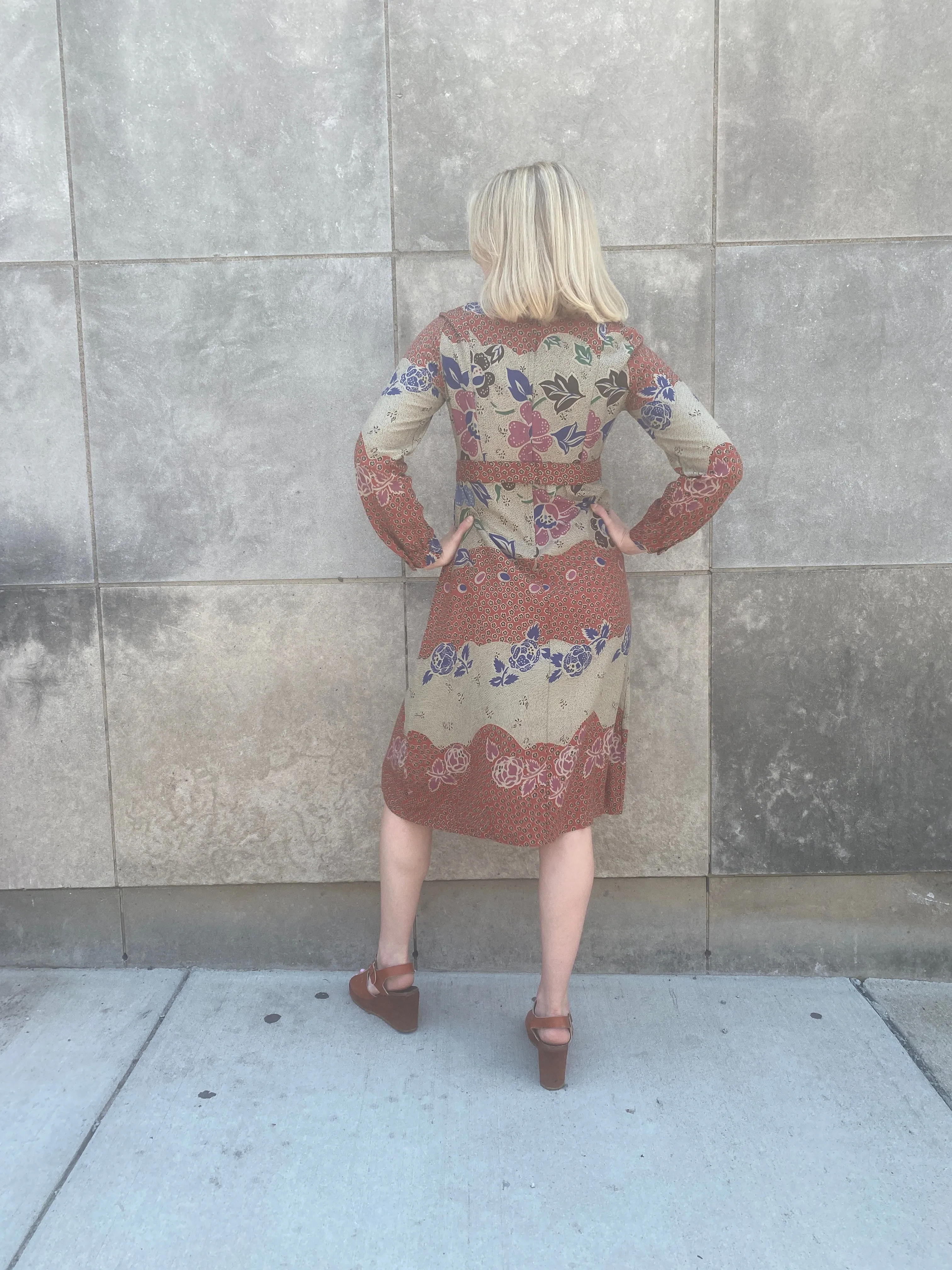 70s Brown Tan Rayon Floral Dress, Tout de Suite