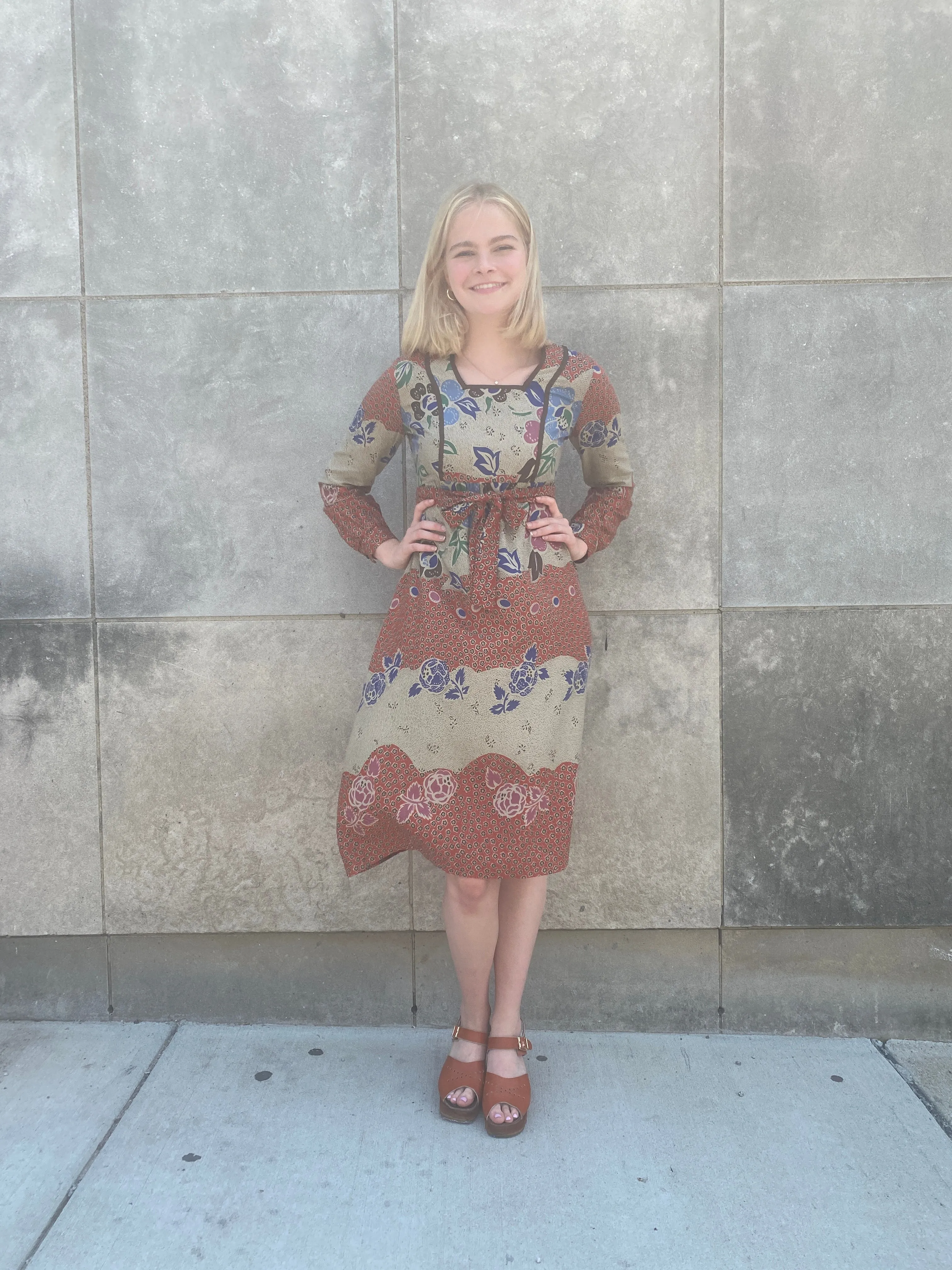 70s Brown Tan Rayon Floral Dress, Tout de Suite
