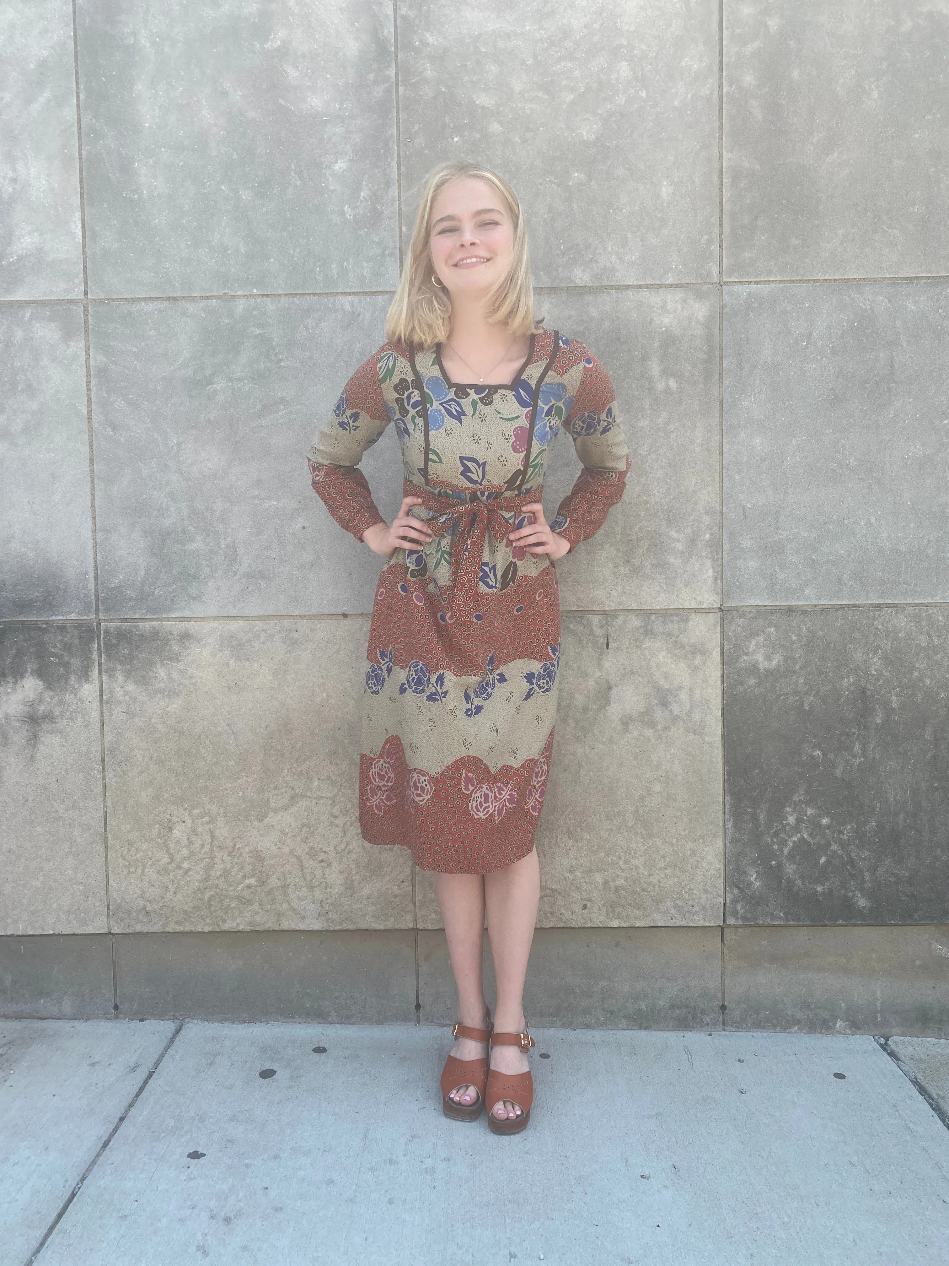 70s Brown Tan Rayon Floral Dress, Tout de Suite
