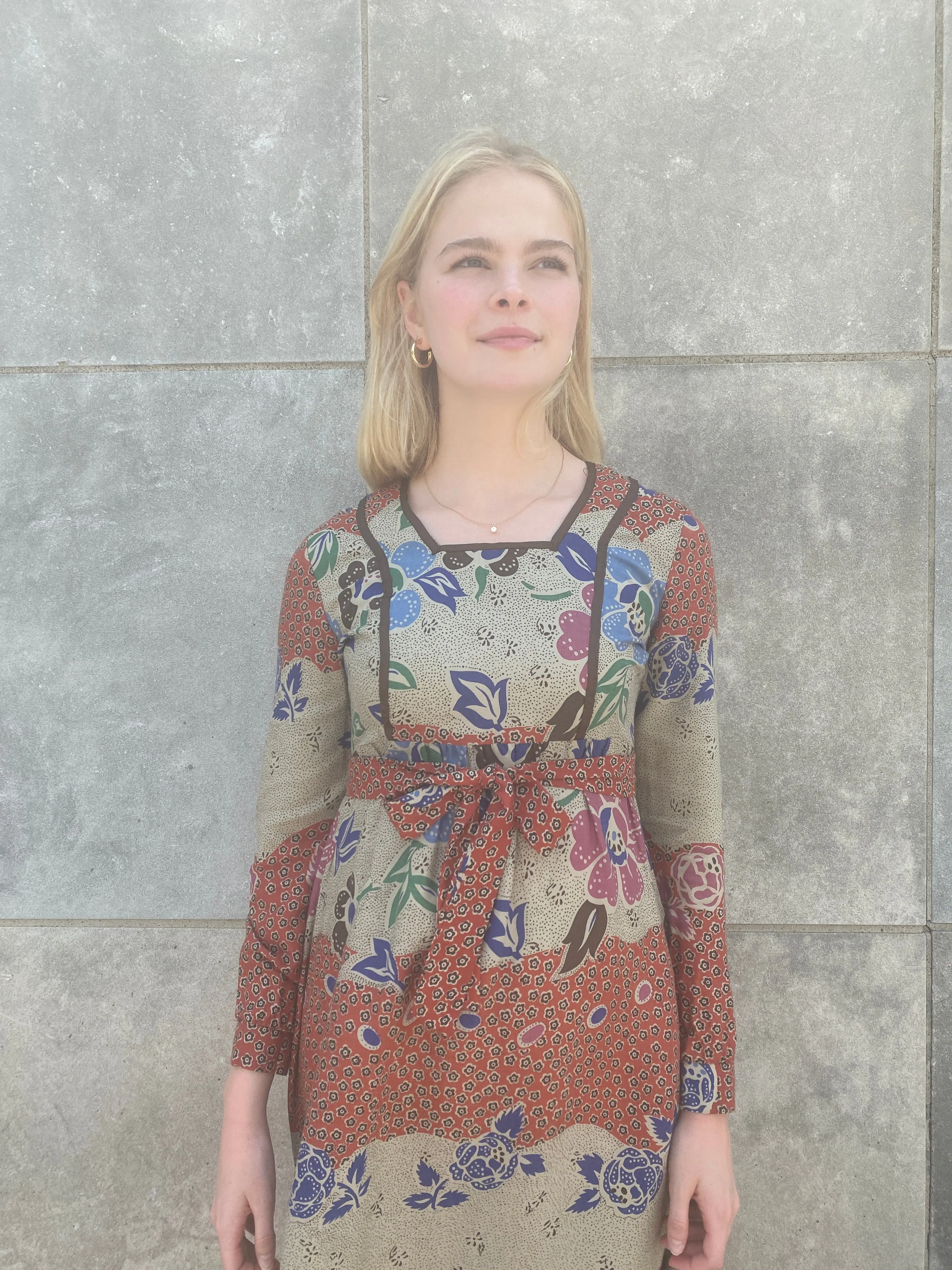 70s Brown Tan Rayon Floral Dress, Tout de Suite