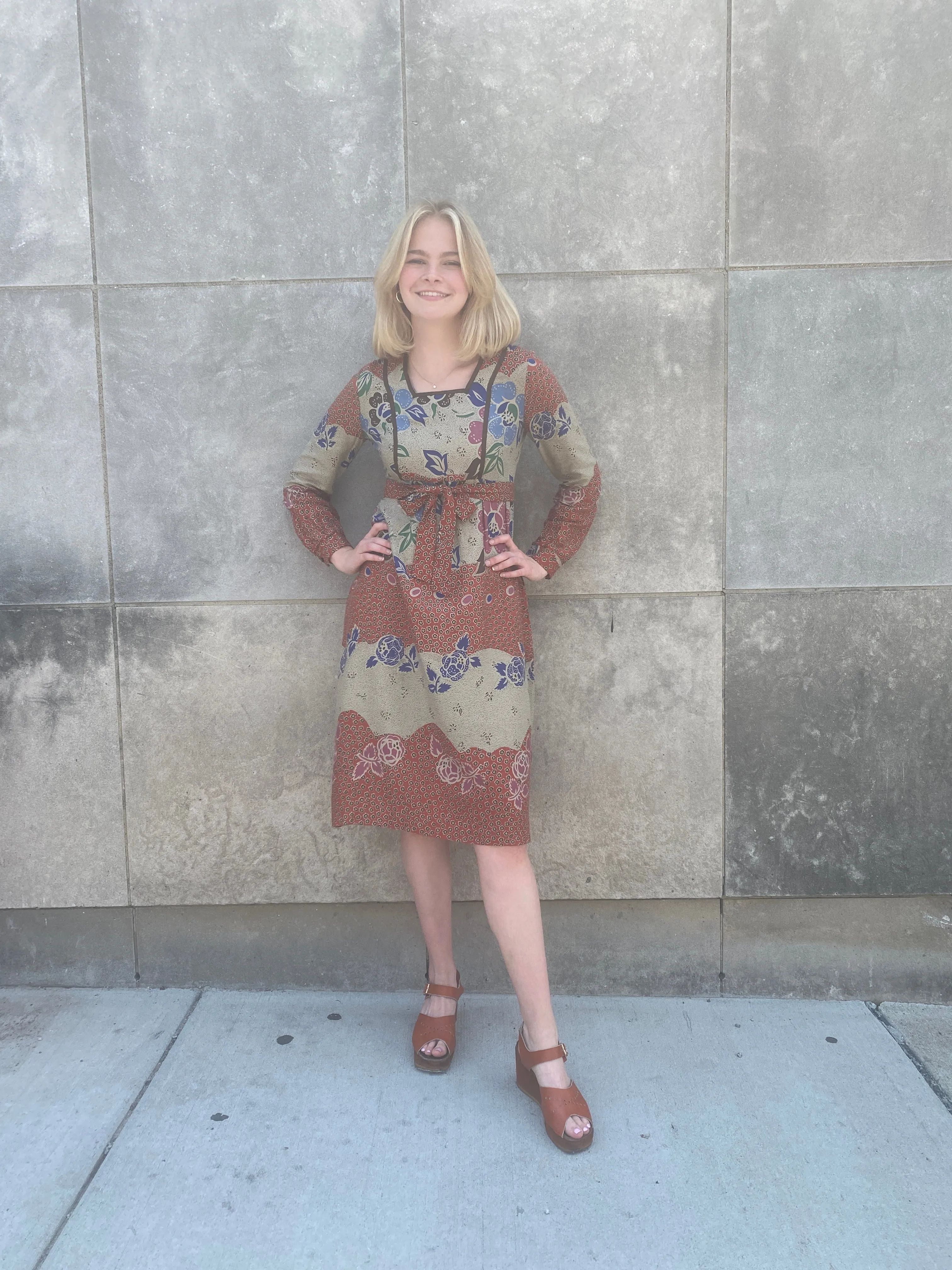 70s Brown Tan Rayon Floral Dress, Tout de Suite