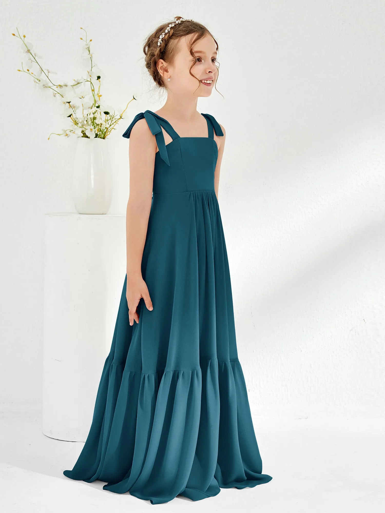 A-Line Bow Ruffle Junior Bridesmaid Dresses Ink Blue