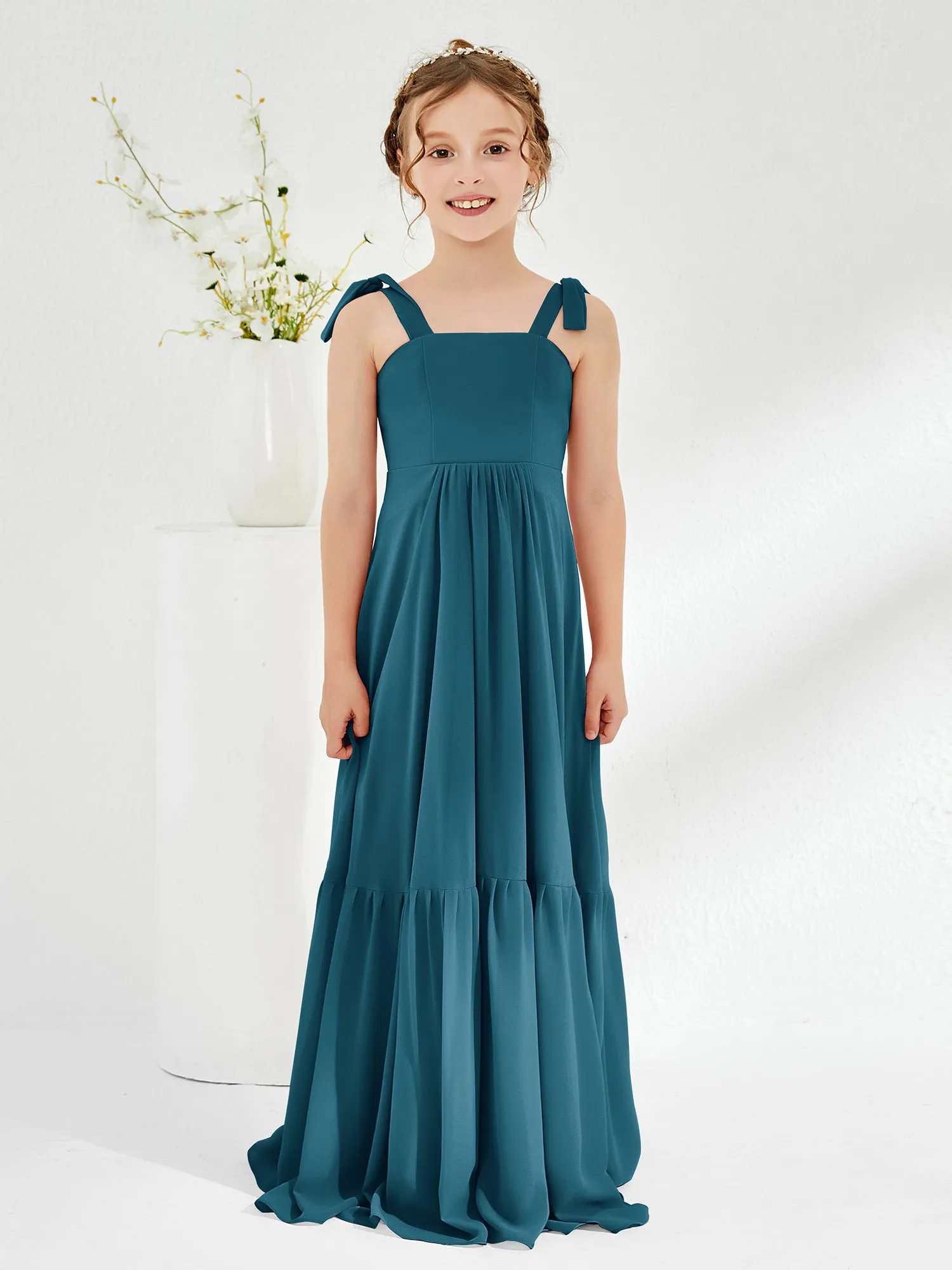 A-Line Bow Ruffle Junior Bridesmaid Dresses Ink Blue