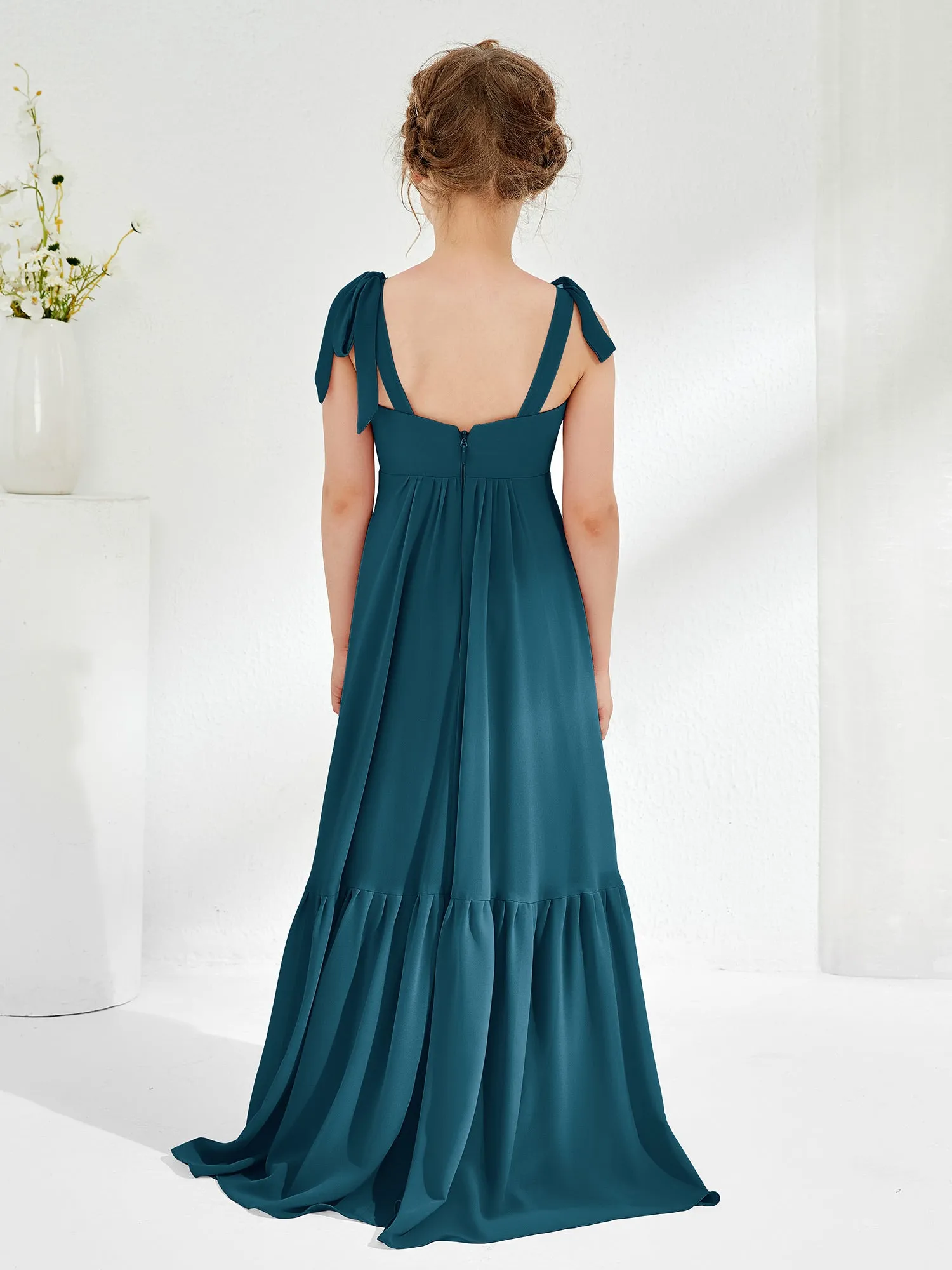 A-Line Bow Ruffle Junior Bridesmaid Dresses Ink Blue