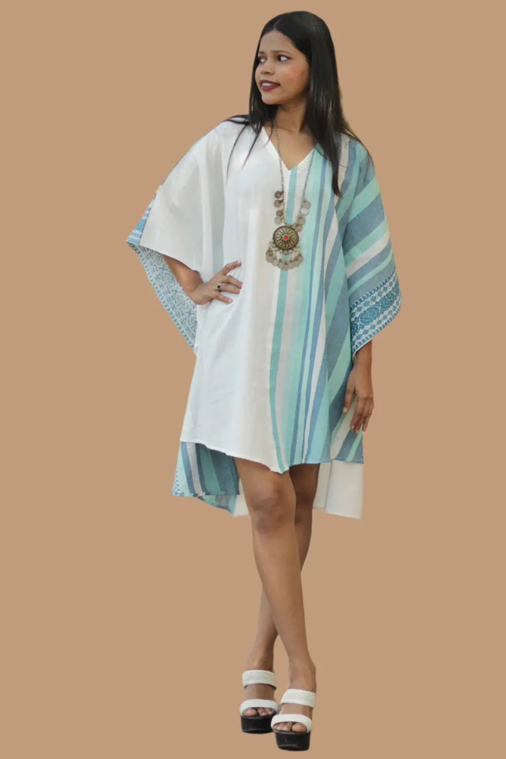 Aasmi | Hi-Lo Kaftan Dress | Aqua Stripes