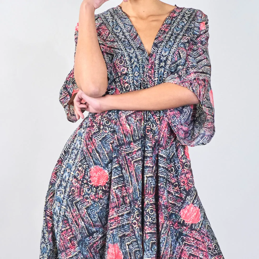 Abstract print boho maxi dress with embroidered trim wholesale