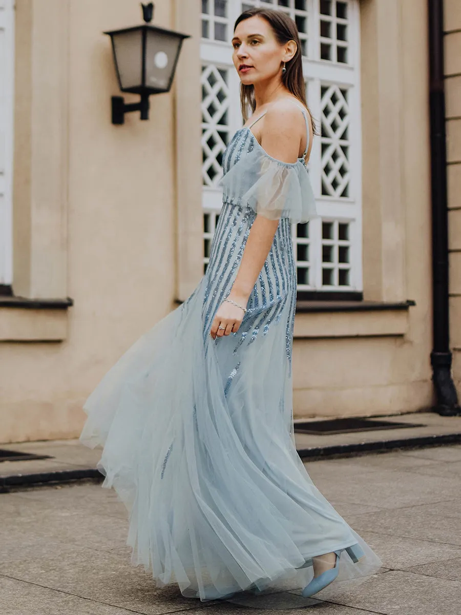Adorable A-Line Floor-Length Evening Gown with V-Neck and Spaghetti Straps