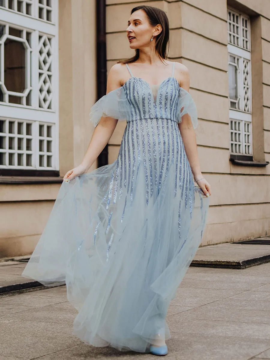Adorable A-Line Floor-Length Evening Gown with V-Neck and Spaghetti Straps