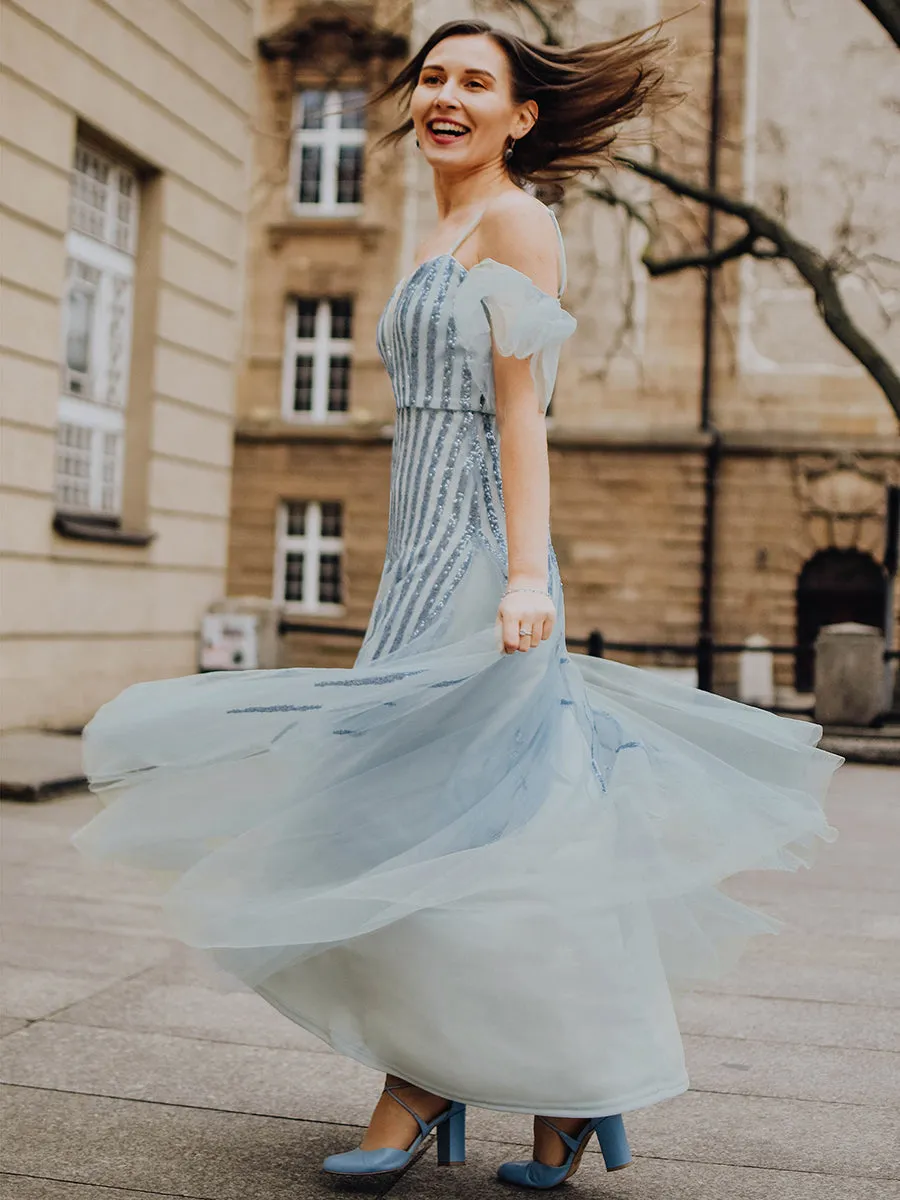 Adorable A-Line Floor-Length Evening Gown with V-Neck and Spaghetti Straps