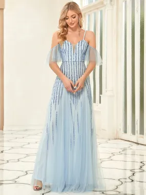 Adorable A-Line Floor-Length Evening Gown with V-Neck and Spaghetti Straps