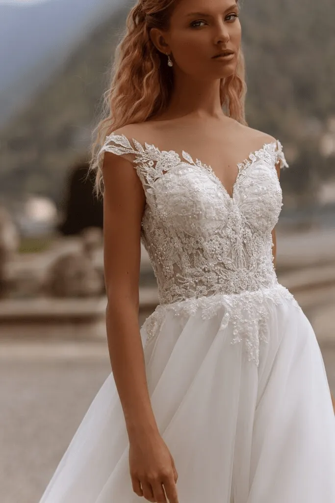 Aline Wedding Dress with Lace Sleeves - Floral Lace Wedding Dress - Lace Corset Back Dress with Train Plus Size