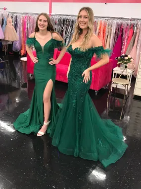 Amarra 88558 Size 4 Emerald Long Shimmer Sheer Lace Feather off the shoulder prom dress Pageant Gown Slit