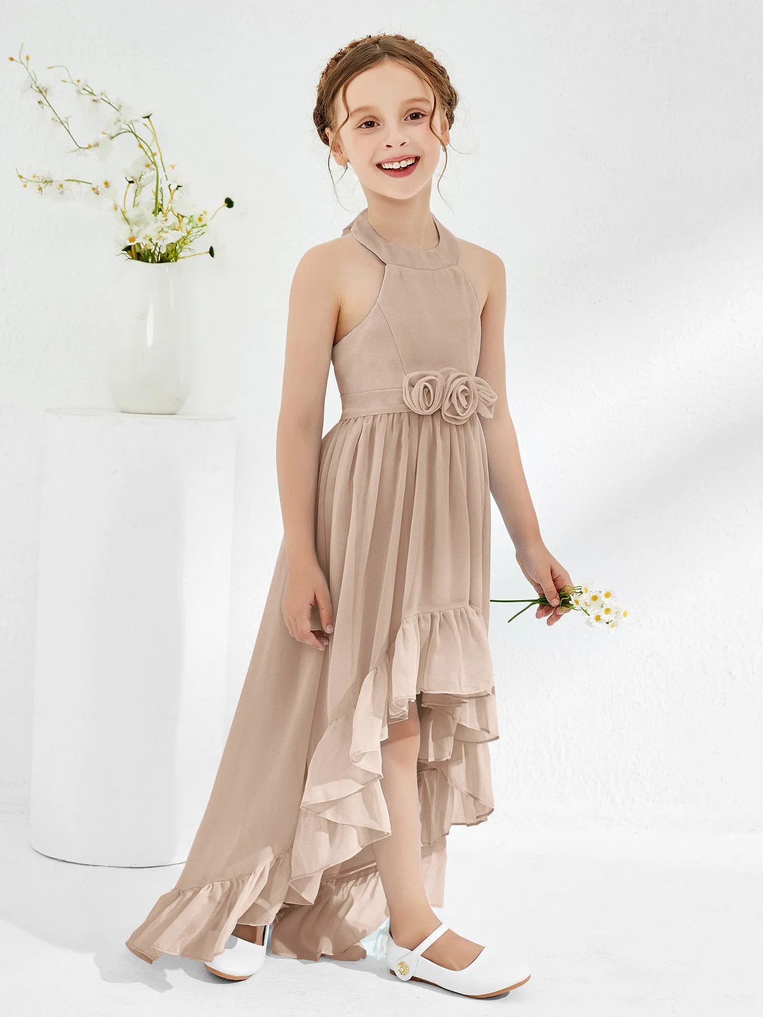 Asymmetrical A-line Junior Bridesmaid Dresses with Flower Taupe