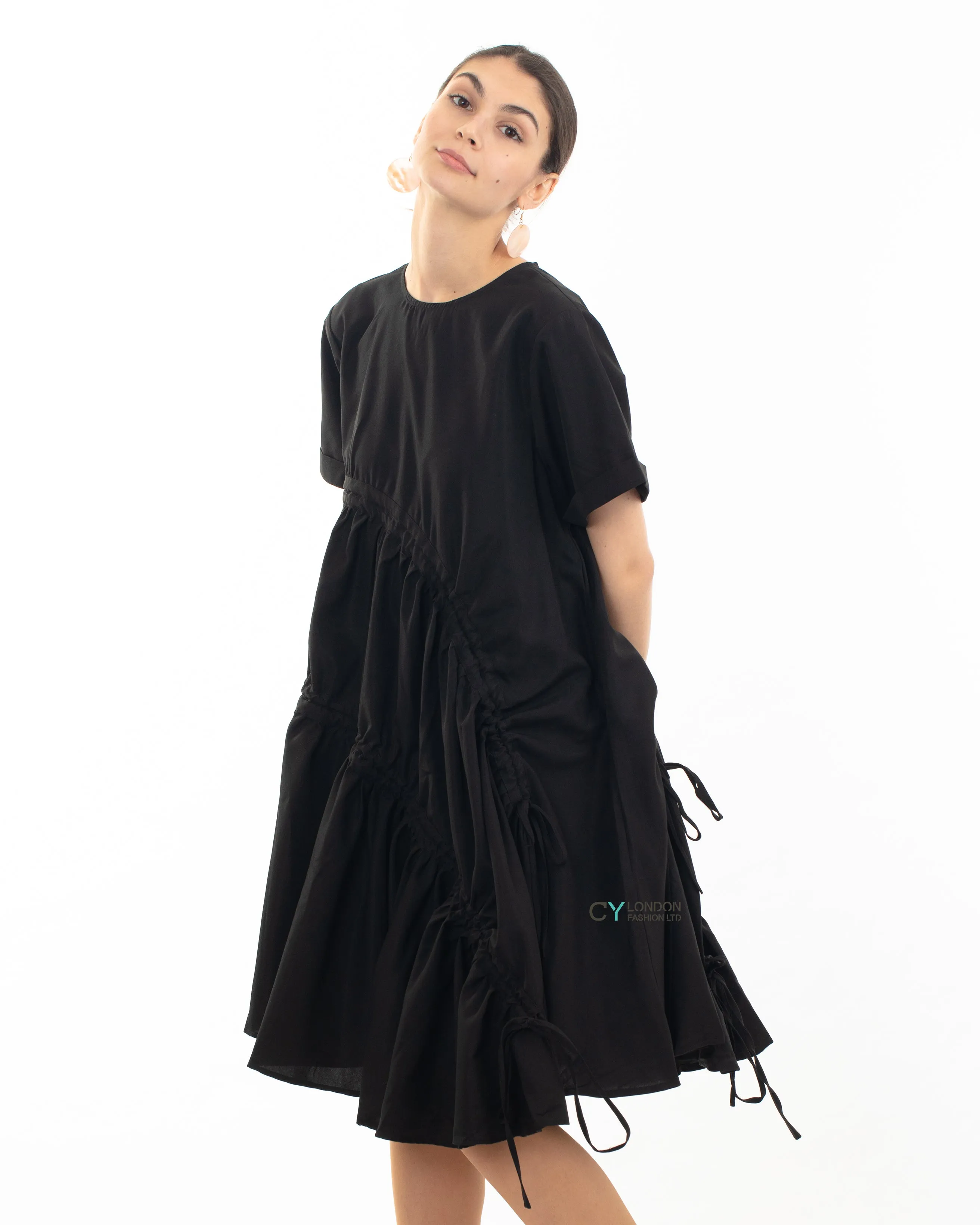 Asymmetry with adjustable ties design cotton blend dress in Black