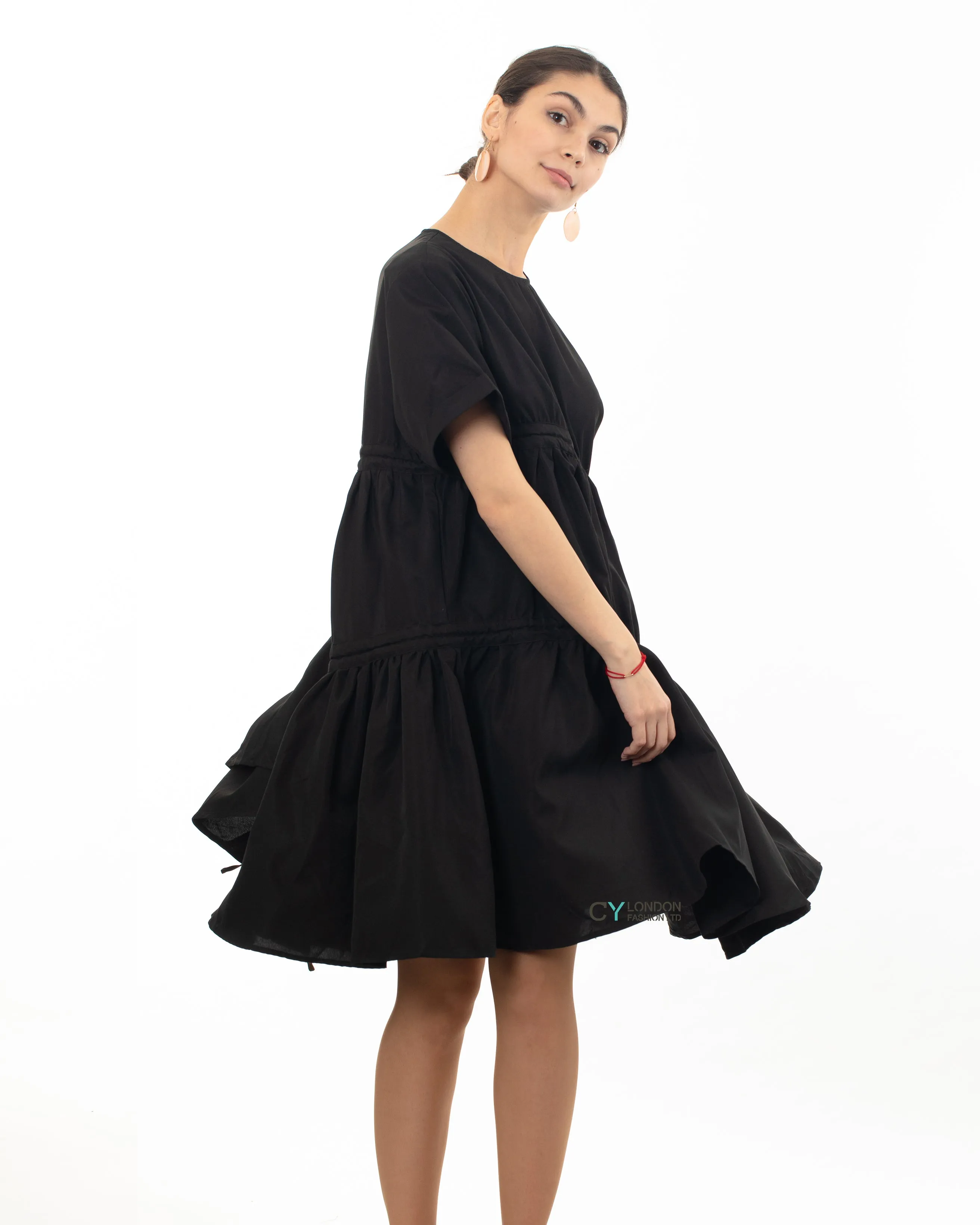 Asymmetry with adjustable ties design cotton blend dress in Black
