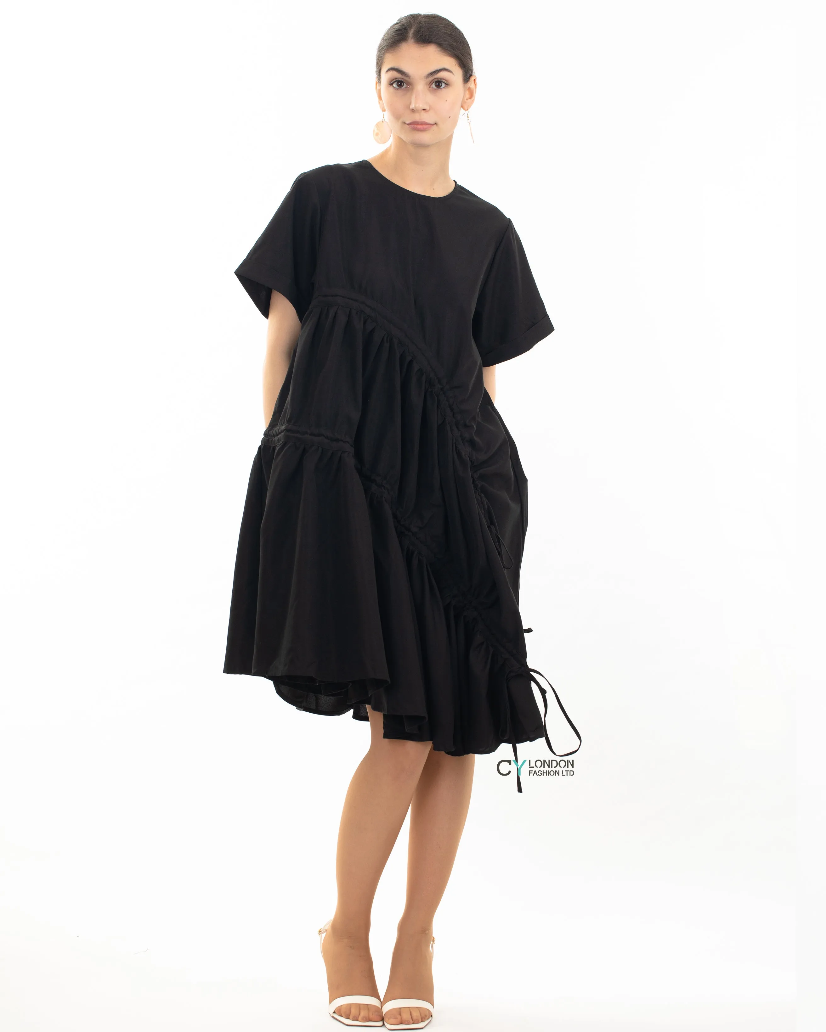 Asymmetry with adjustable ties design cotton blend dress in Black