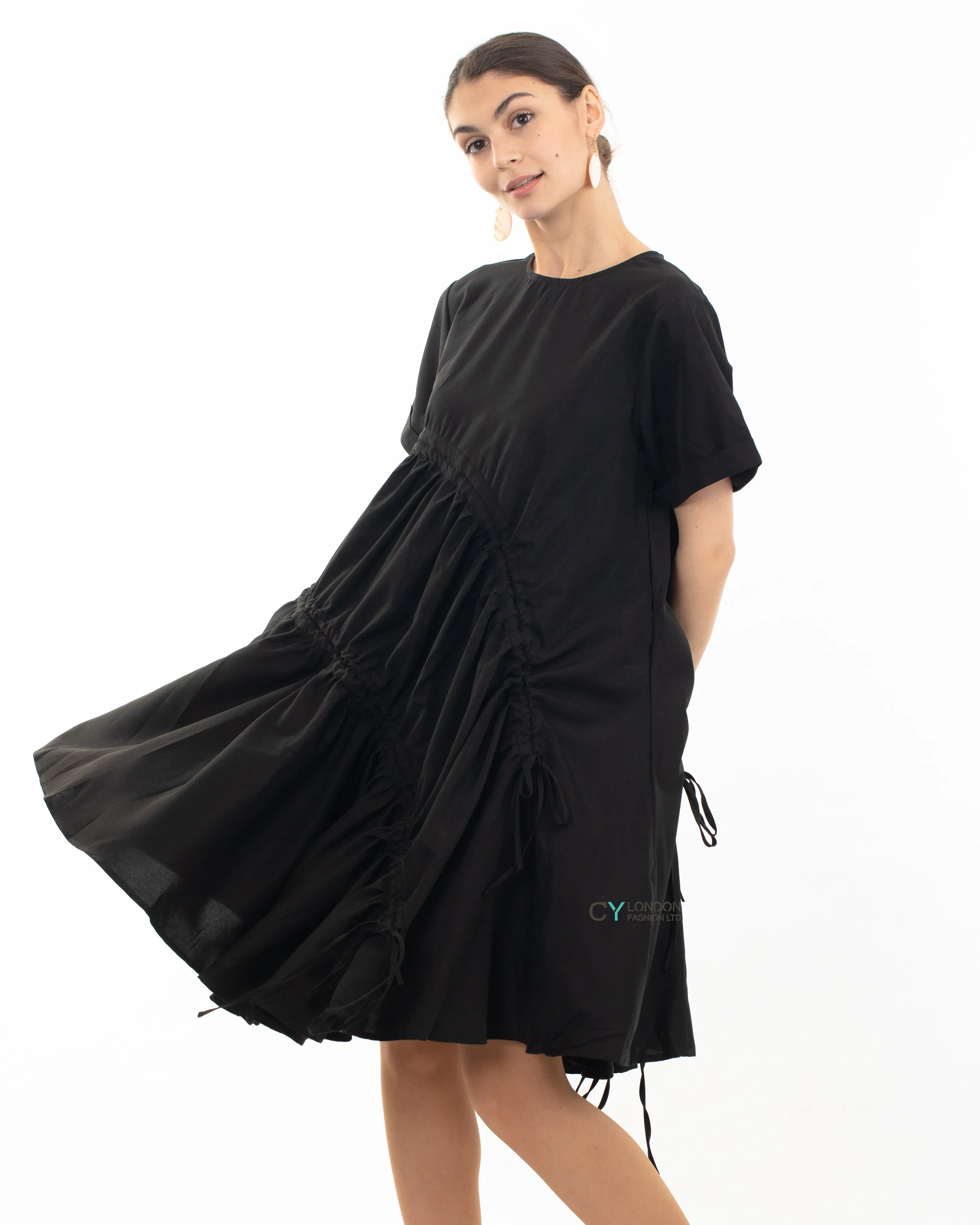 Asymmetry with adjustable ties design cotton blend dress in Black