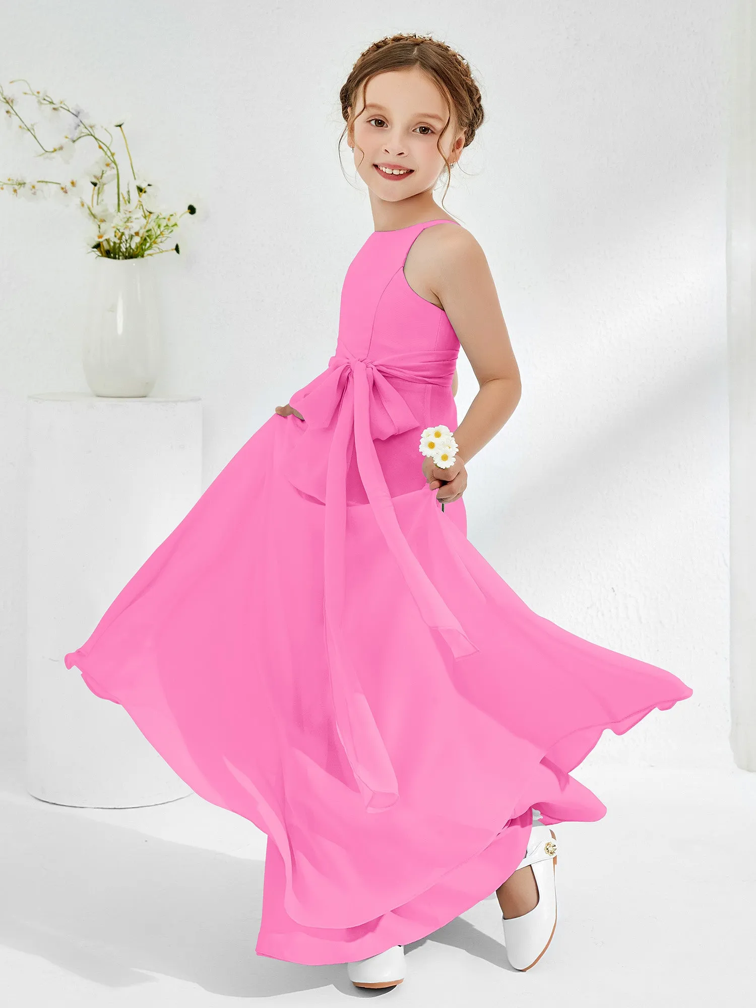 Bateau Neckline Junior Bridesmaid Dresses with Sash Azalea