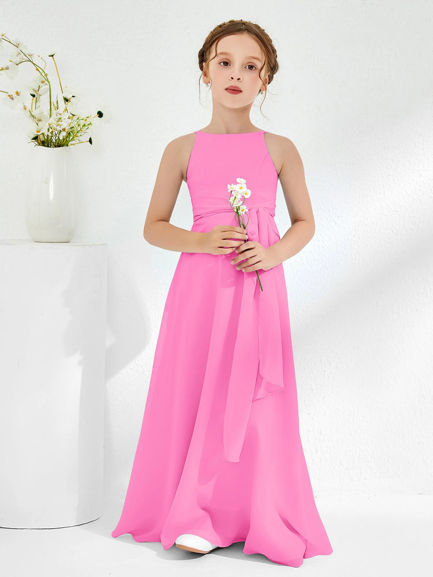 Bateau Neckline Junior Bridesmaid Dresses with Sash Azalea