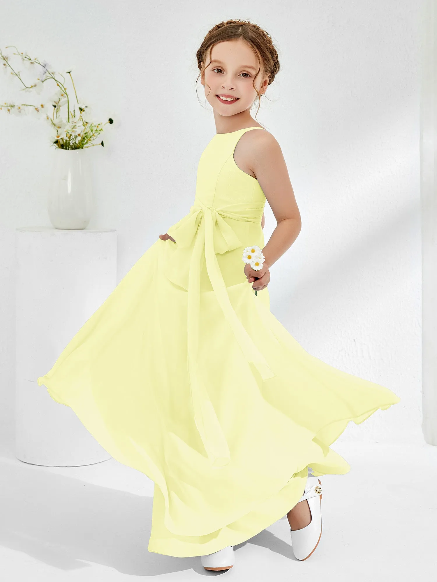 Bateau Neckline Junior Bridesmaid Dresses with Sash Daffodil