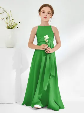 Bateau Neckline Junior Bridesmaid Dresses with Sash Green
