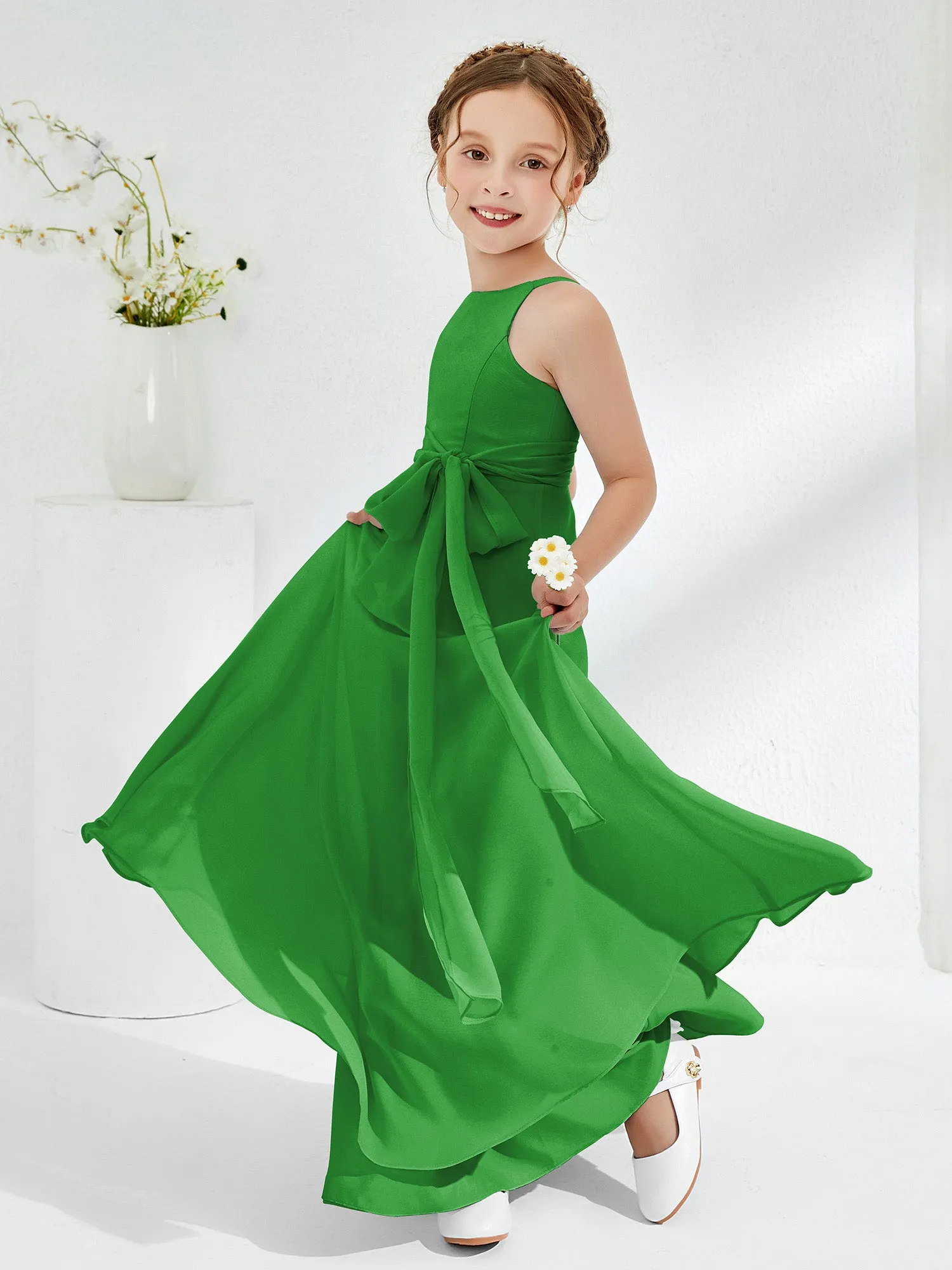 Bateau Neckline Junior Bridesmaid Dresses with Sash Green