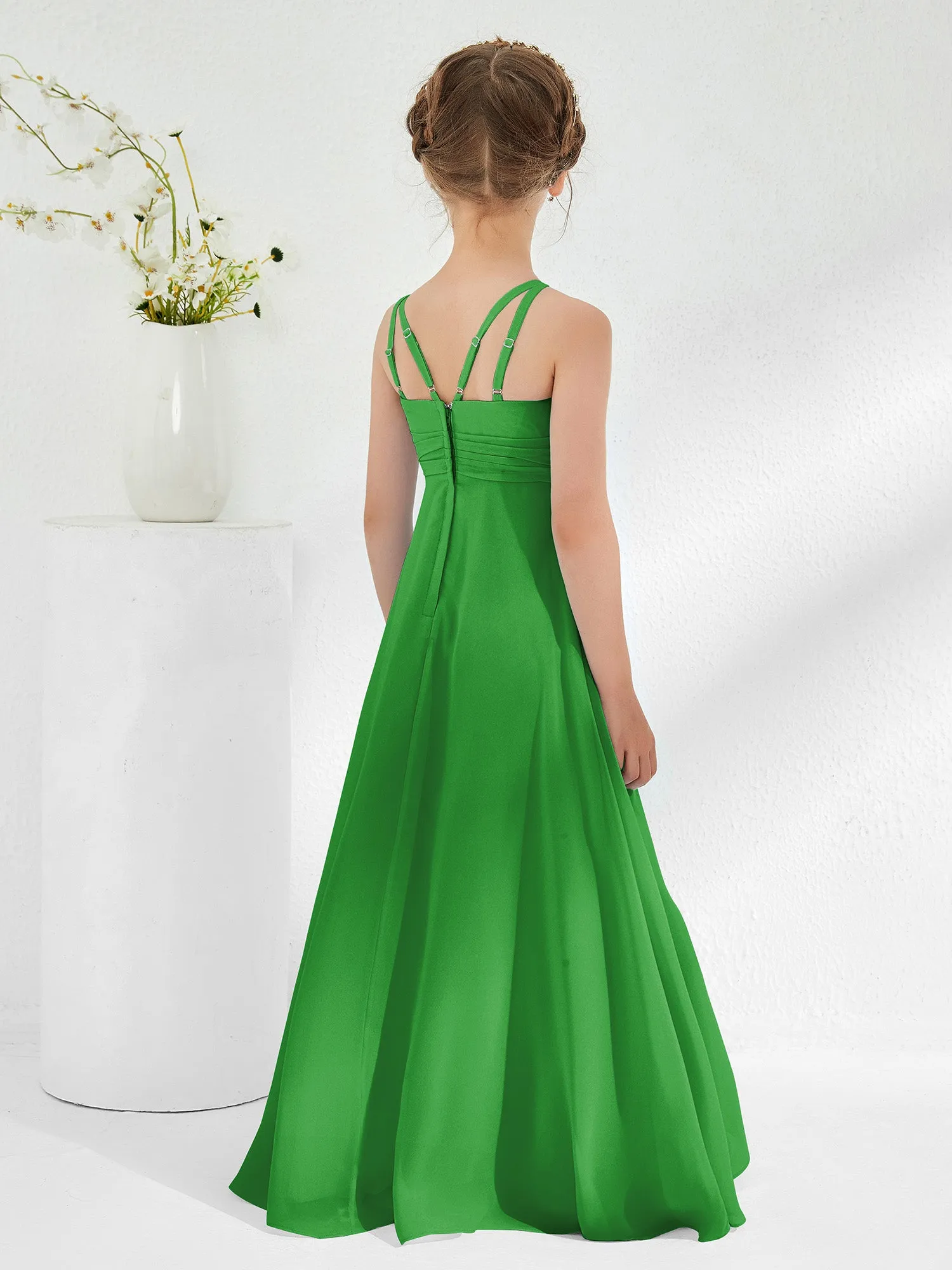 Bateau Neckline Junior Bridesmaid Dresses with Sash Green
