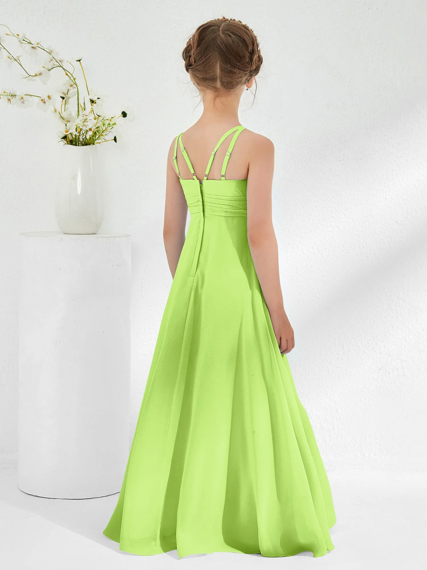 Bateau Neckline Junior Bridesmaid Dresses with Sash Lime Green