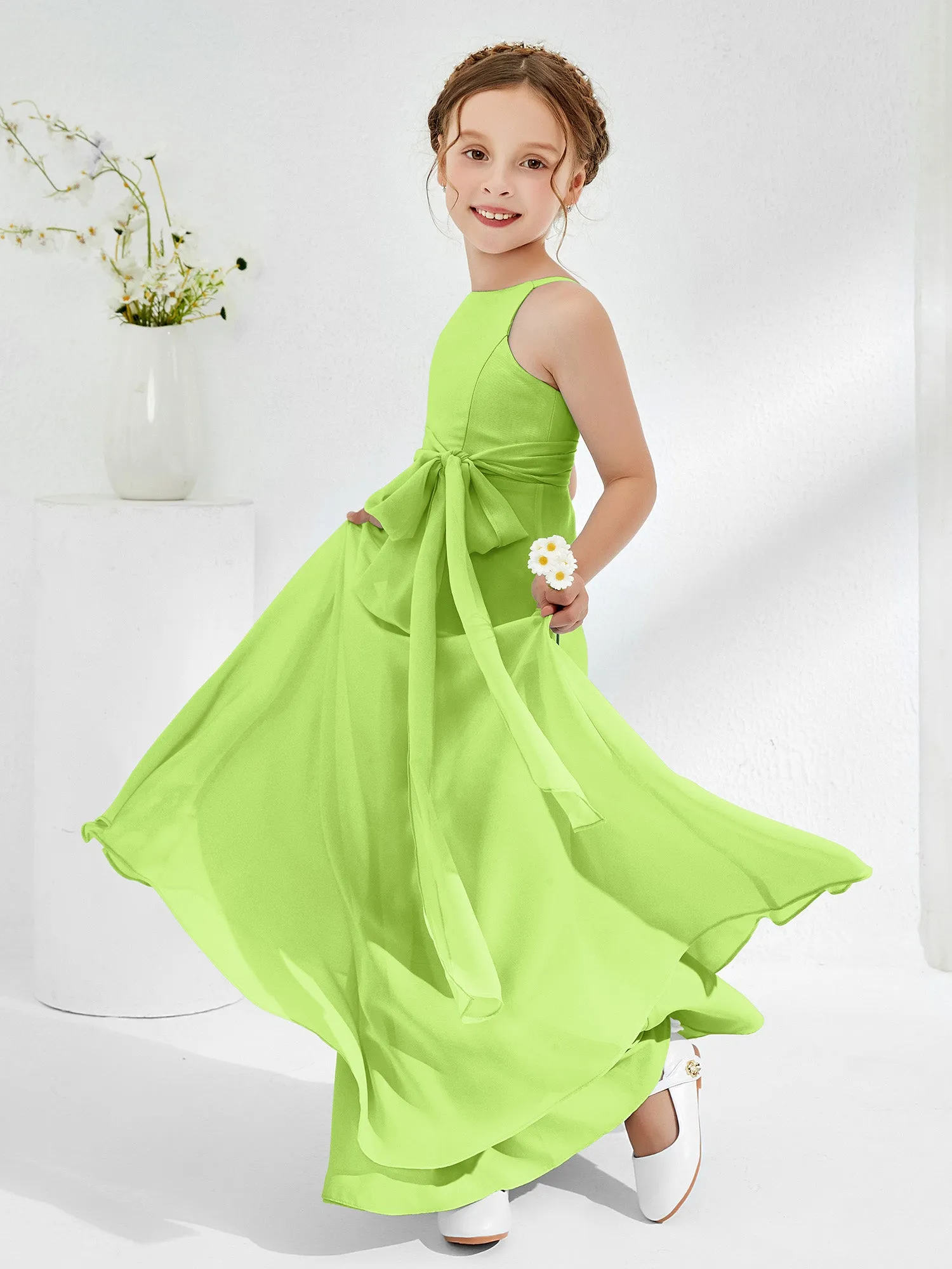 Bateau Neckline Junior Bridesmaid Dresses with Sash Lime Green