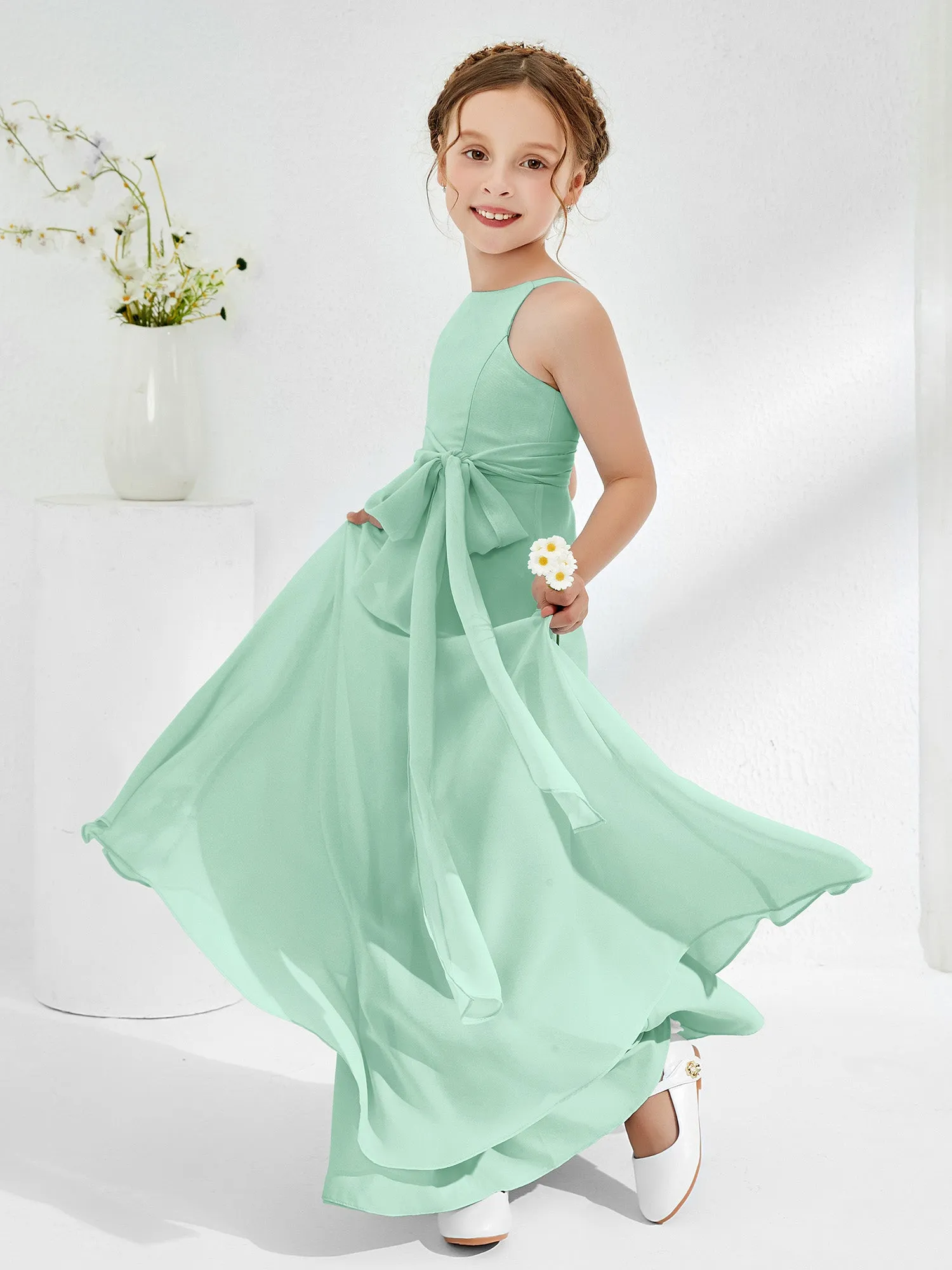Bateau Neckline Junior Bridesmaid Dresses with Sash Mint Green