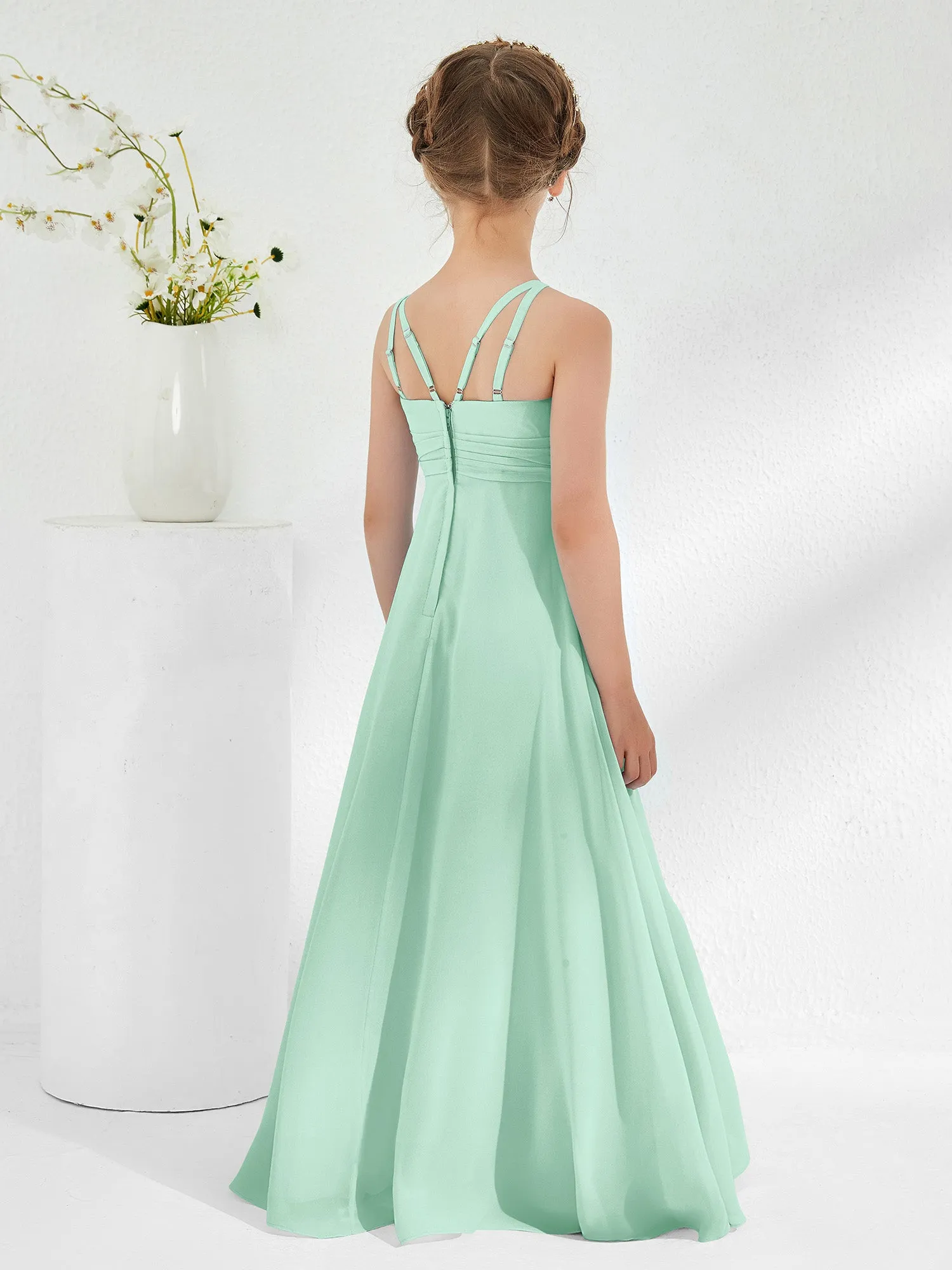 Bateau Neckline Junior Bridesmaid Dresses with Sash Mint Green