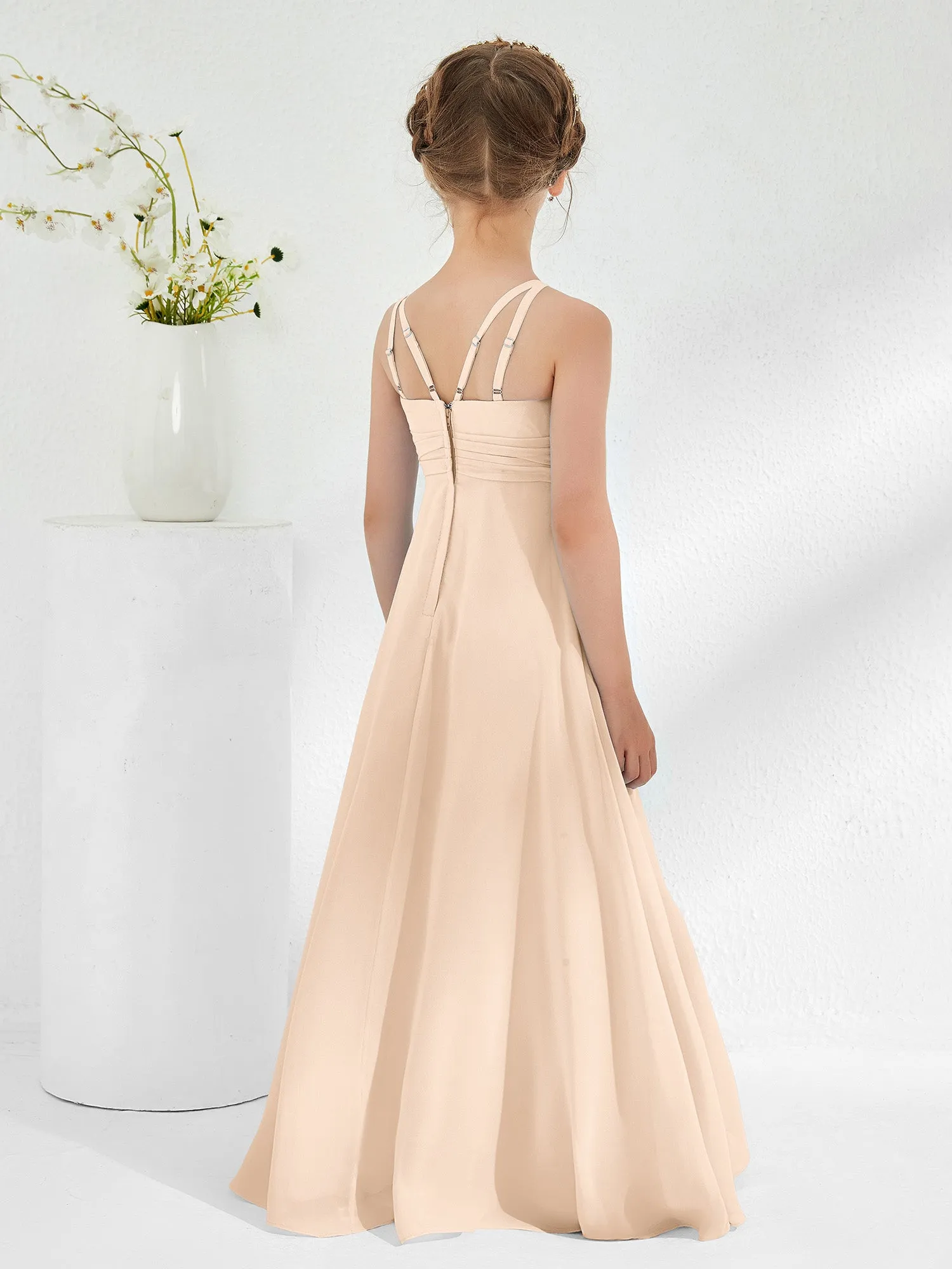 Bateau Neckline Junior Bridesmaid Dresses with Sash Peach