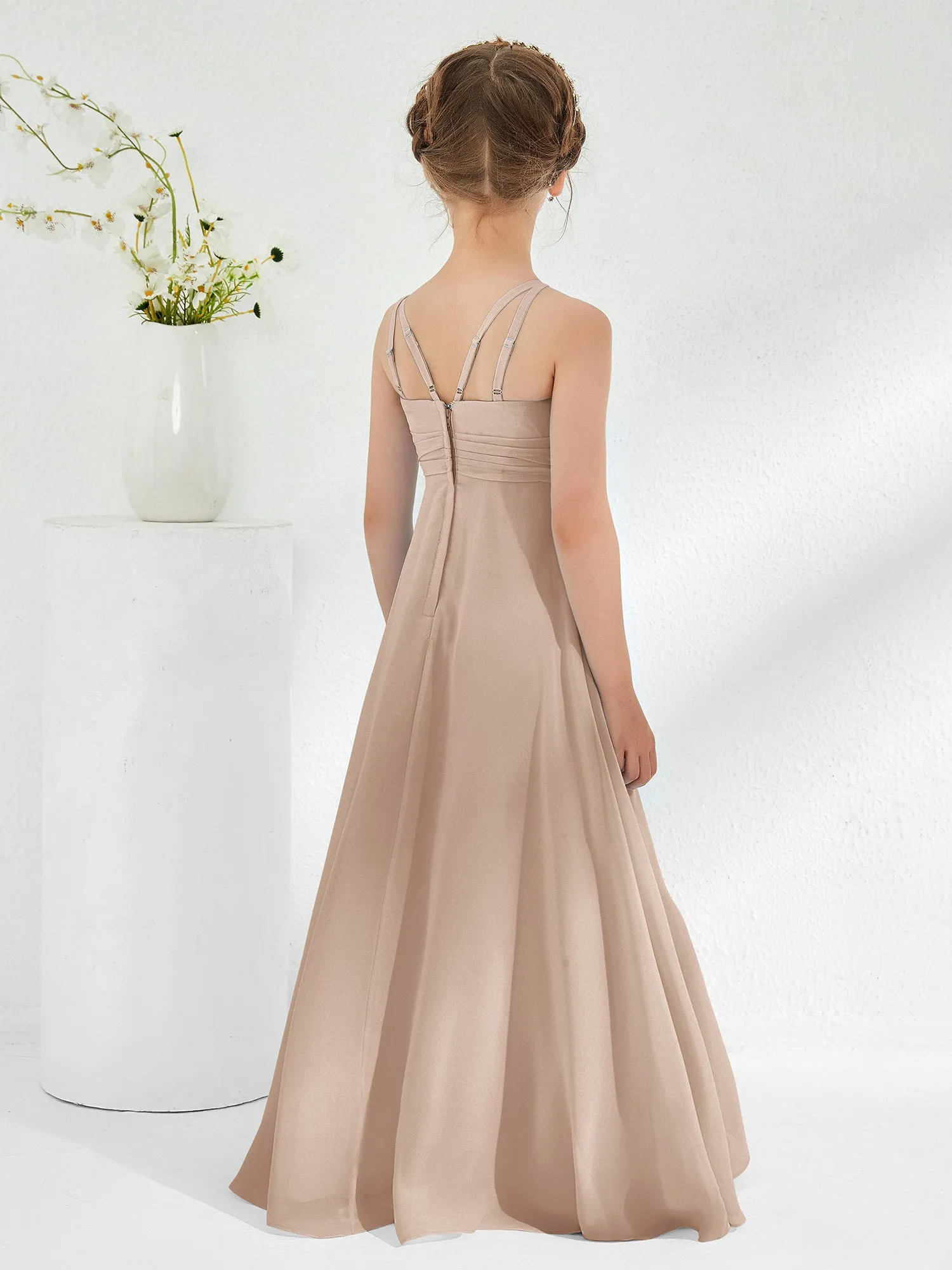 Bateau Neckline Junior Bridesmaid Dresses with Sash Taupe