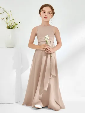 Bateau Neckline Junior Bridesmaid Dresses with Sash Taupe