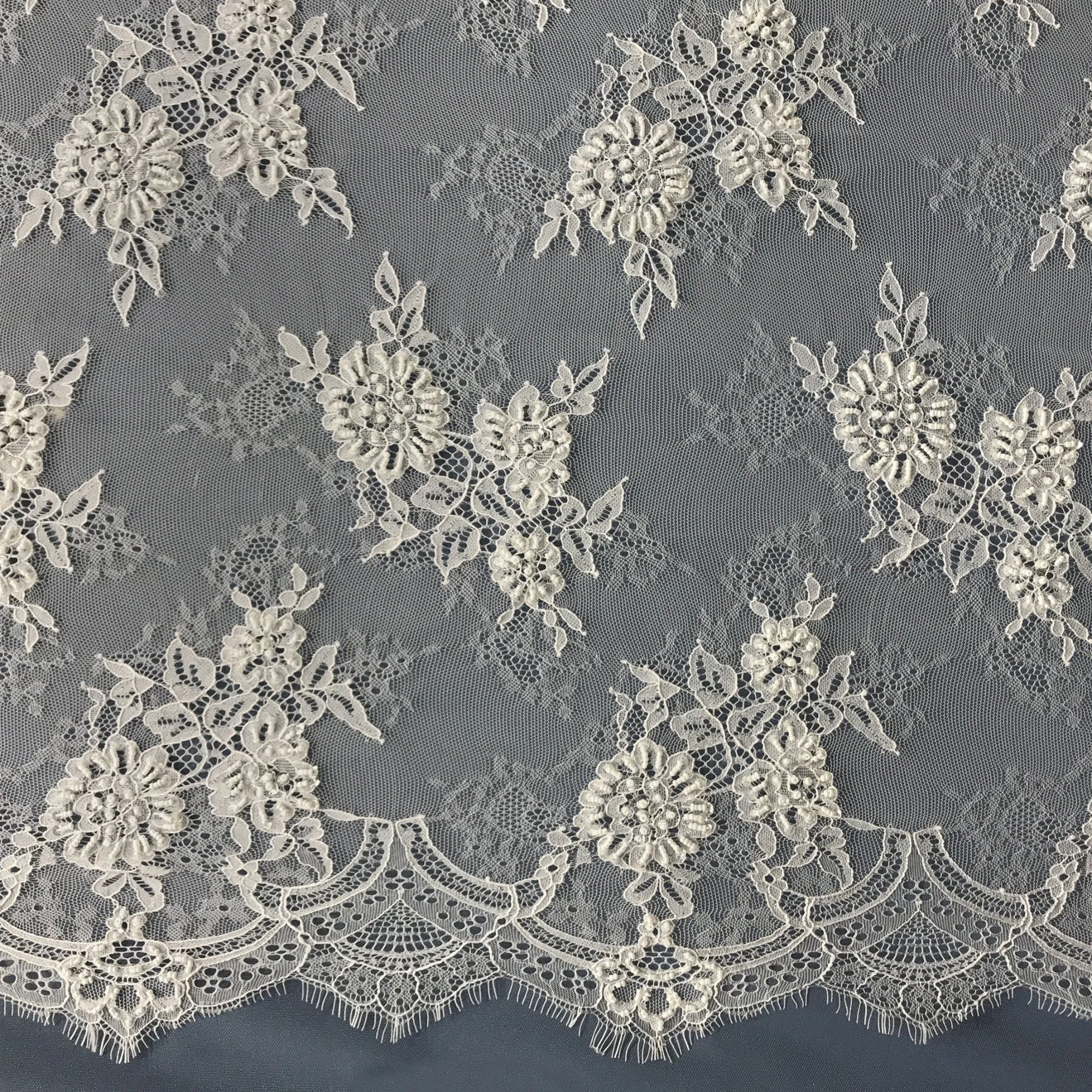 Beaded Chantilly Embroidered Lace Fabric with Eyelash Scallop | Lace USA - 68136W-BP