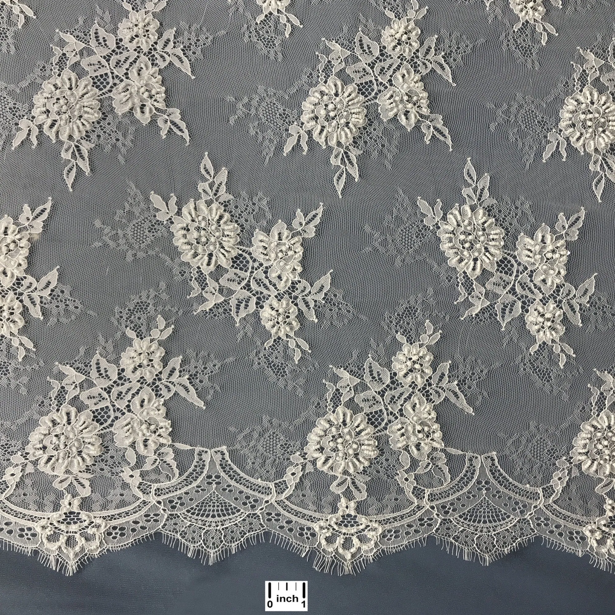 Beaded Chantilly Embroidered Lace Fabric with Eyelash Scallop | Lace USA - 68136W-BP