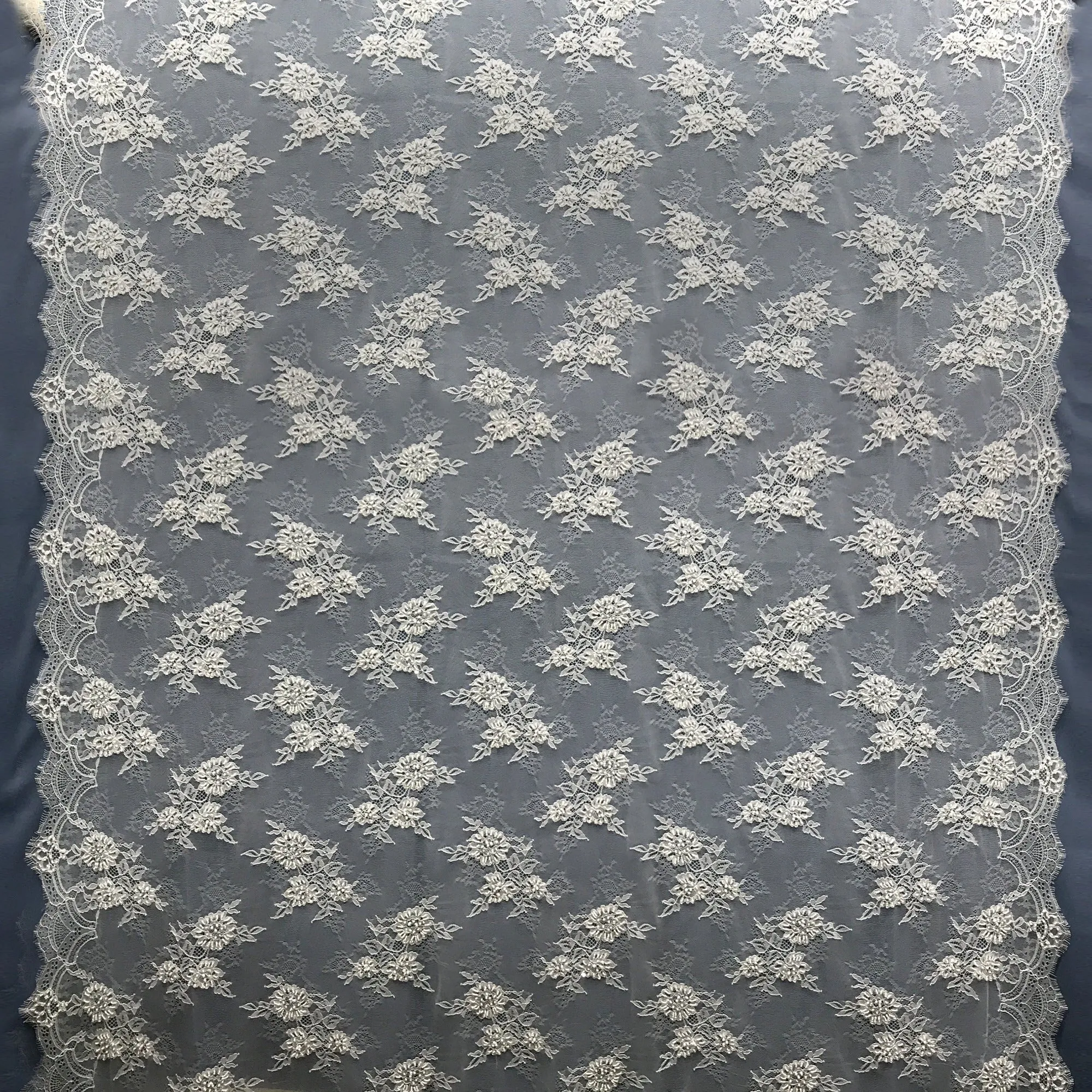 Beaded Chantilly Embroidered Lace Fabric with Eyelash Scallop | Lace USA - 68136W-BP