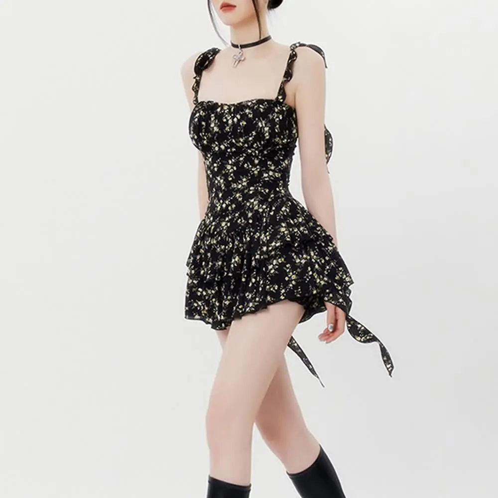 Black Floral Ruffle Tiered Mini Dress