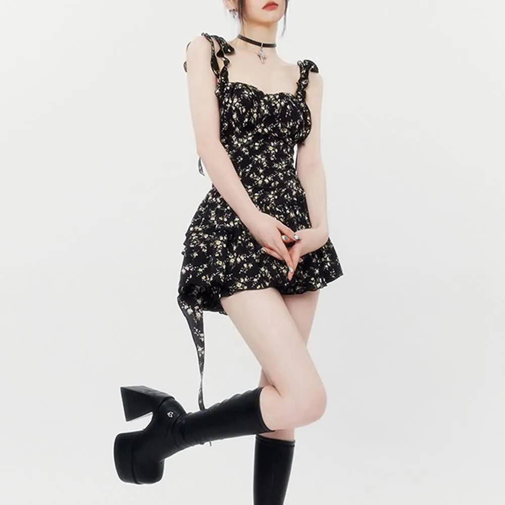 Black Floral Ruffle Tiered Mini Dress