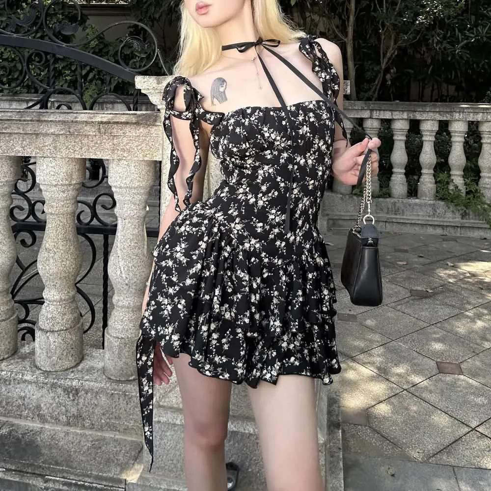 Black Floral Ruffle Tiered Mini Dress