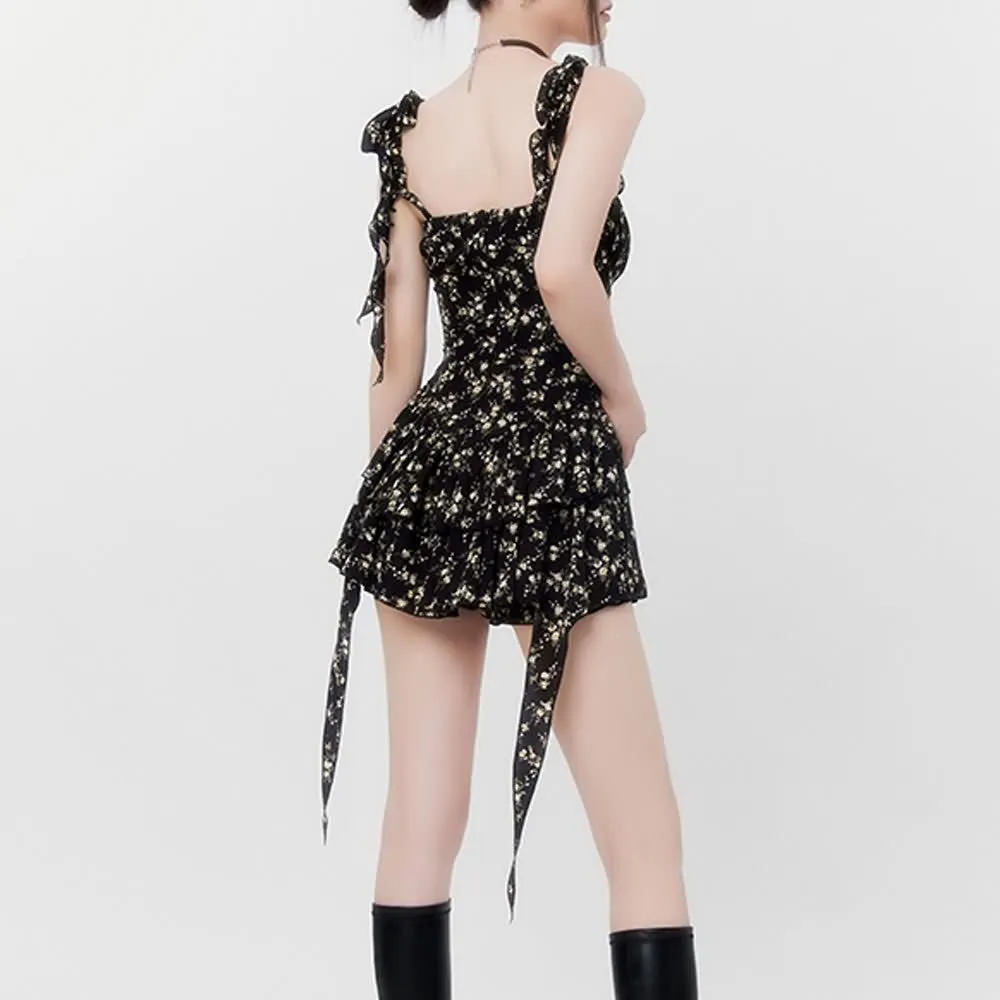 Black Floral Ruffle Tiered Mini Dress