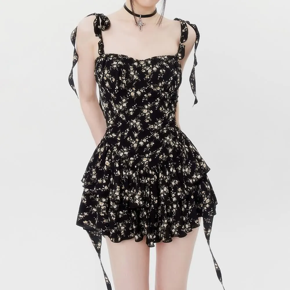 Black Floral Ruffle Tiered Mini Dress