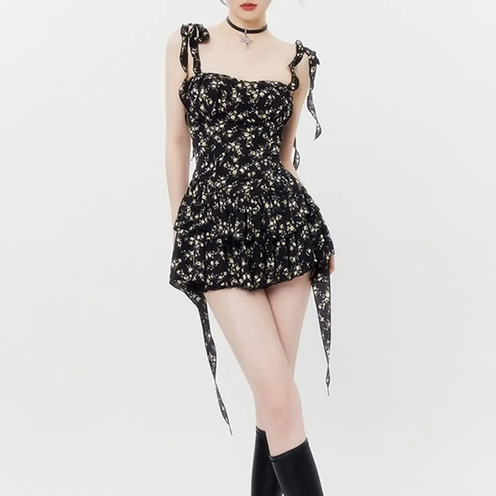 Black Floral Ruffle Tiered Mini Dress
