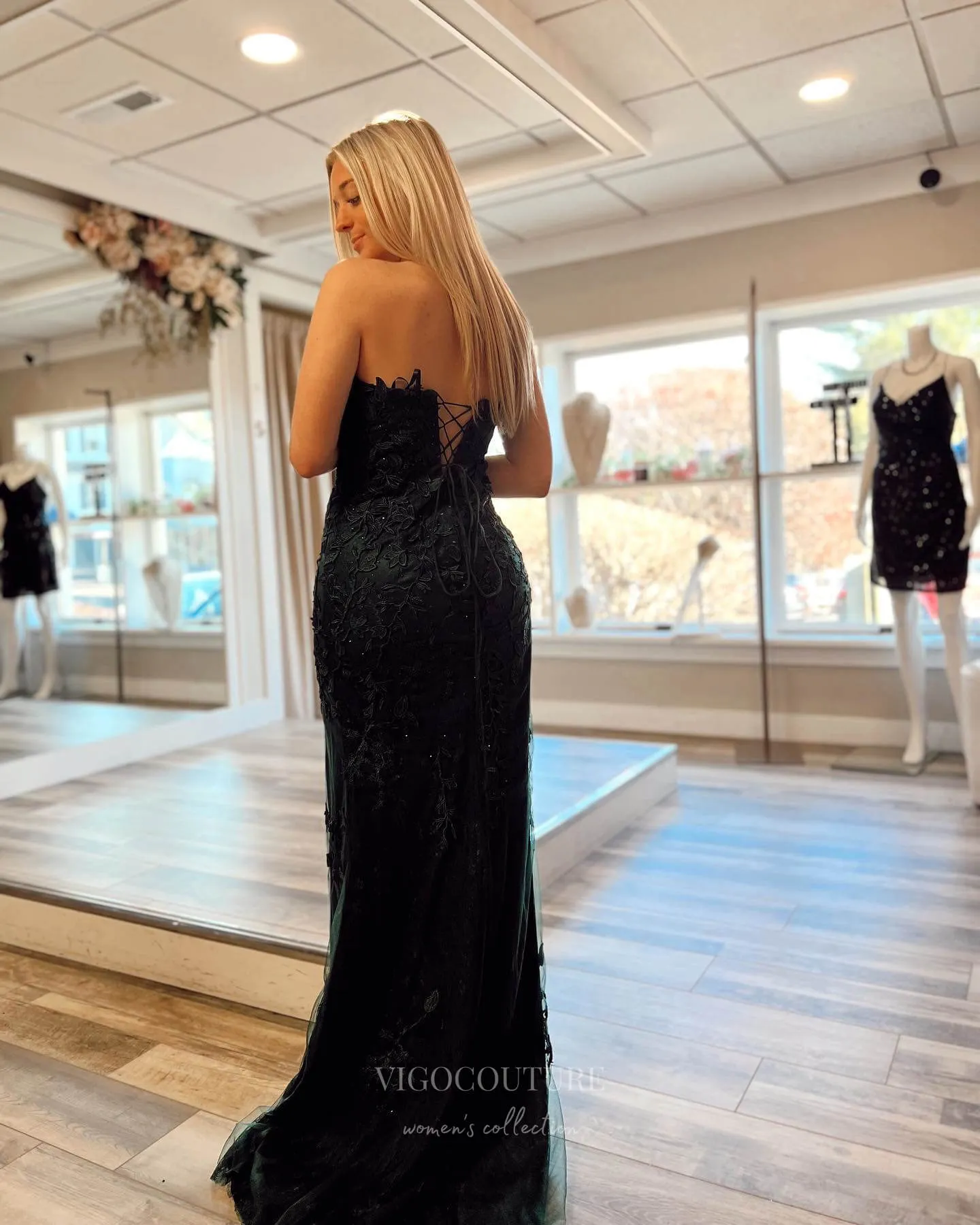 Black Lace Applique Cheap Prom Dresses with Slit Strapless Mermaid 24289