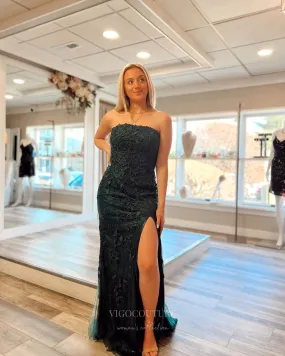 Black Lace Applique Cheap Prom Dresses with Slit Strapless Mermaid 24289